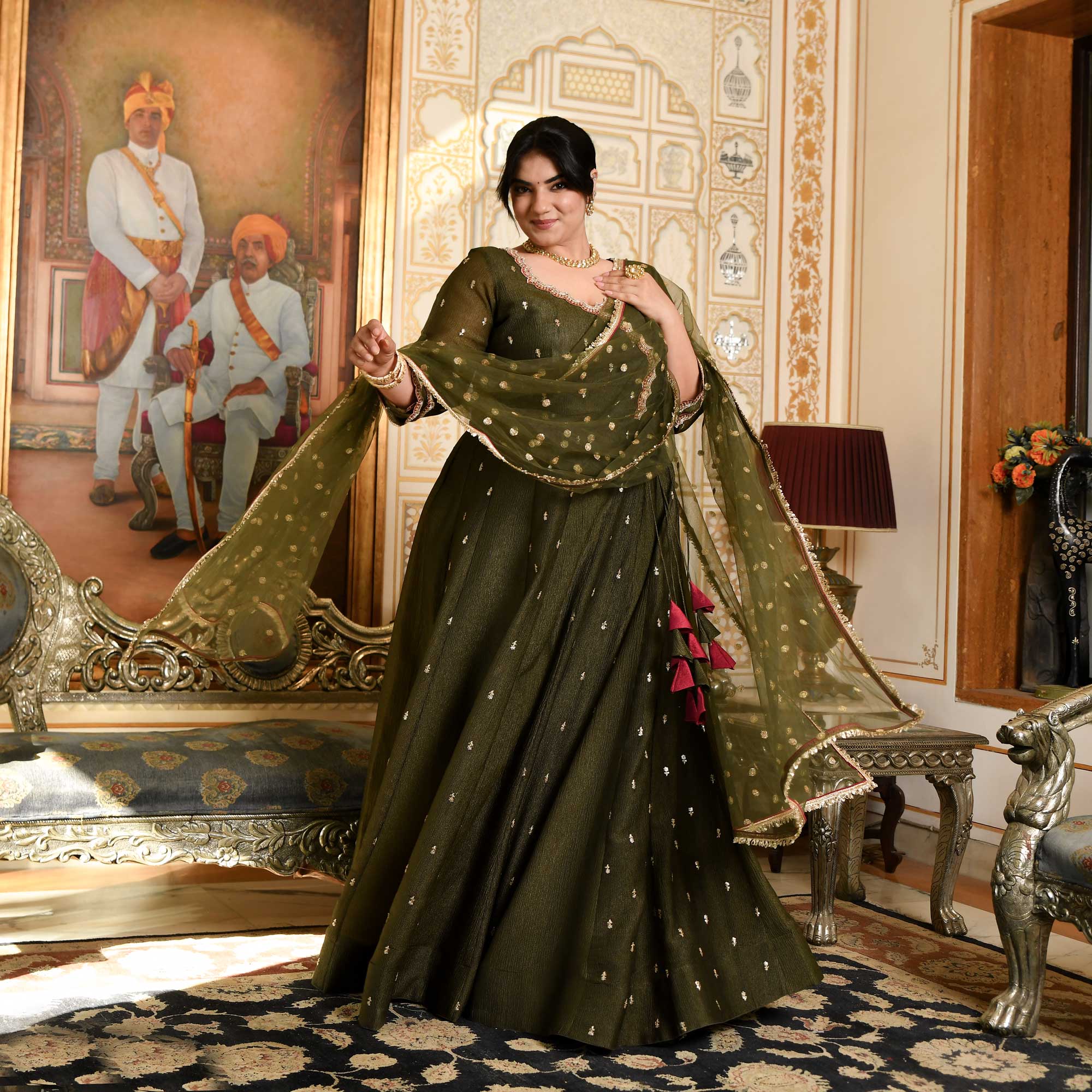 Verdant Majesty Mehendi Green Silk Embroidered Anarkali Set