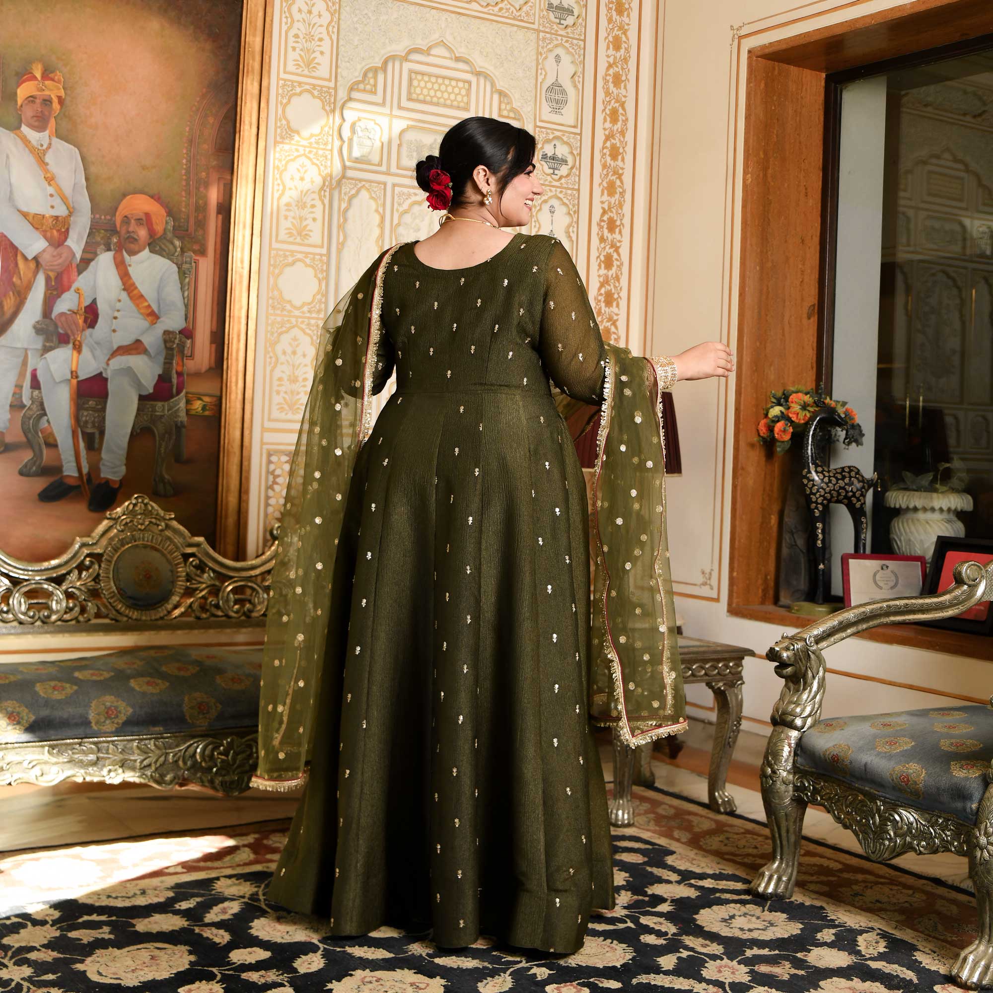 Verdant Majesty Mehendi Green Silk Embroidered Anarkali Set
