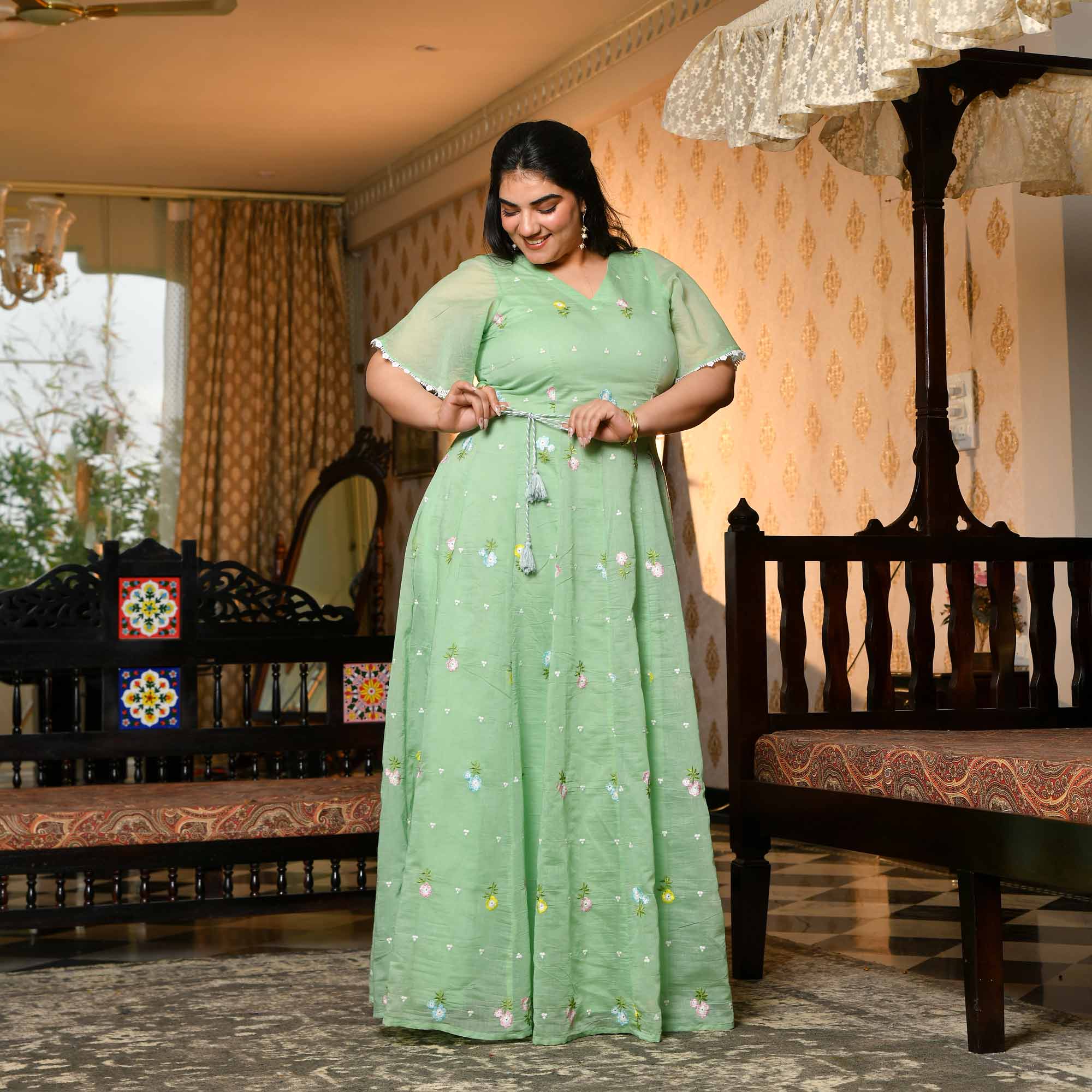Cucumber Crush- Mint Green Thread Embroidered Mul Chanderi Dress