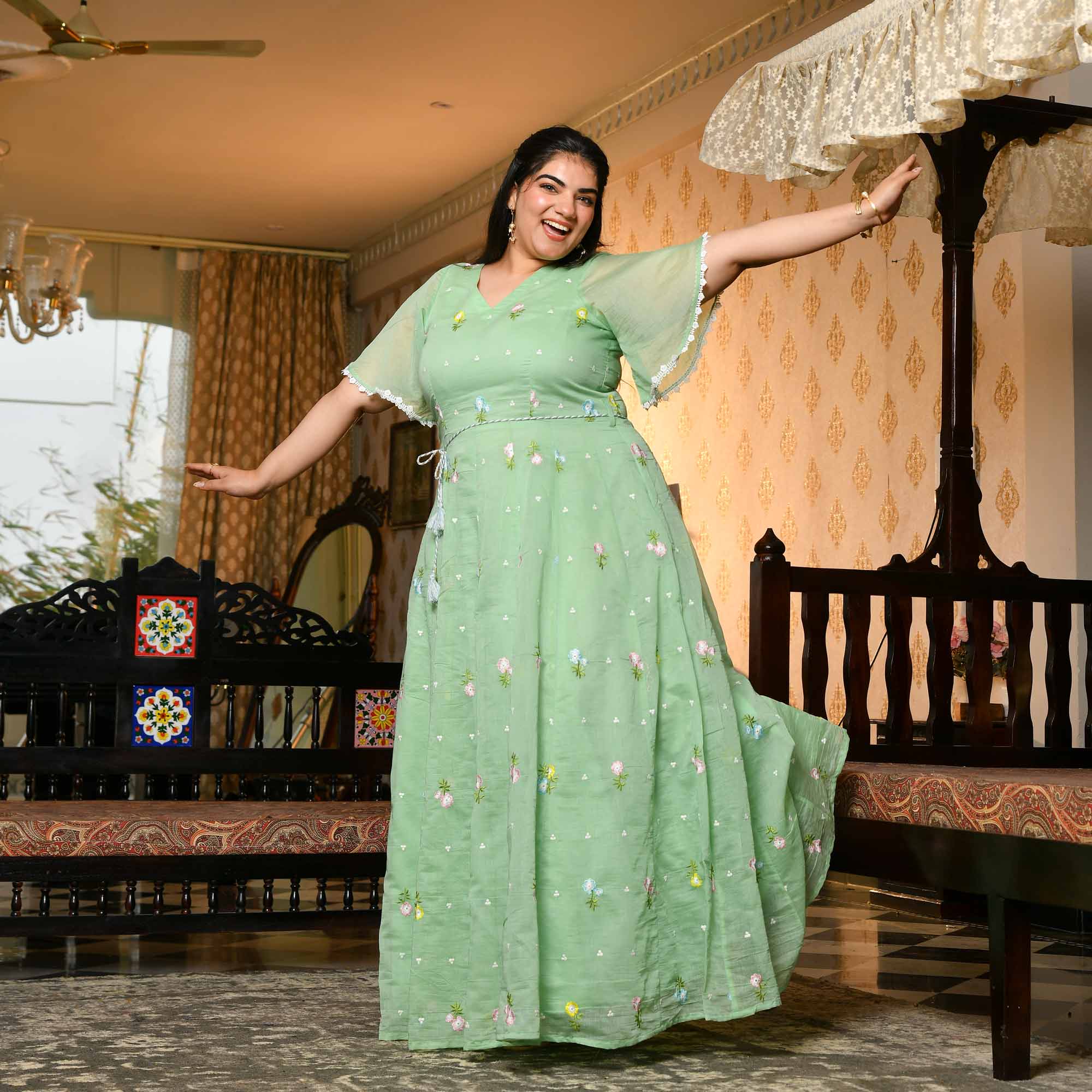 Cucumber Crush- Mint Green Thread Embroidered Mul Chanderi Dress