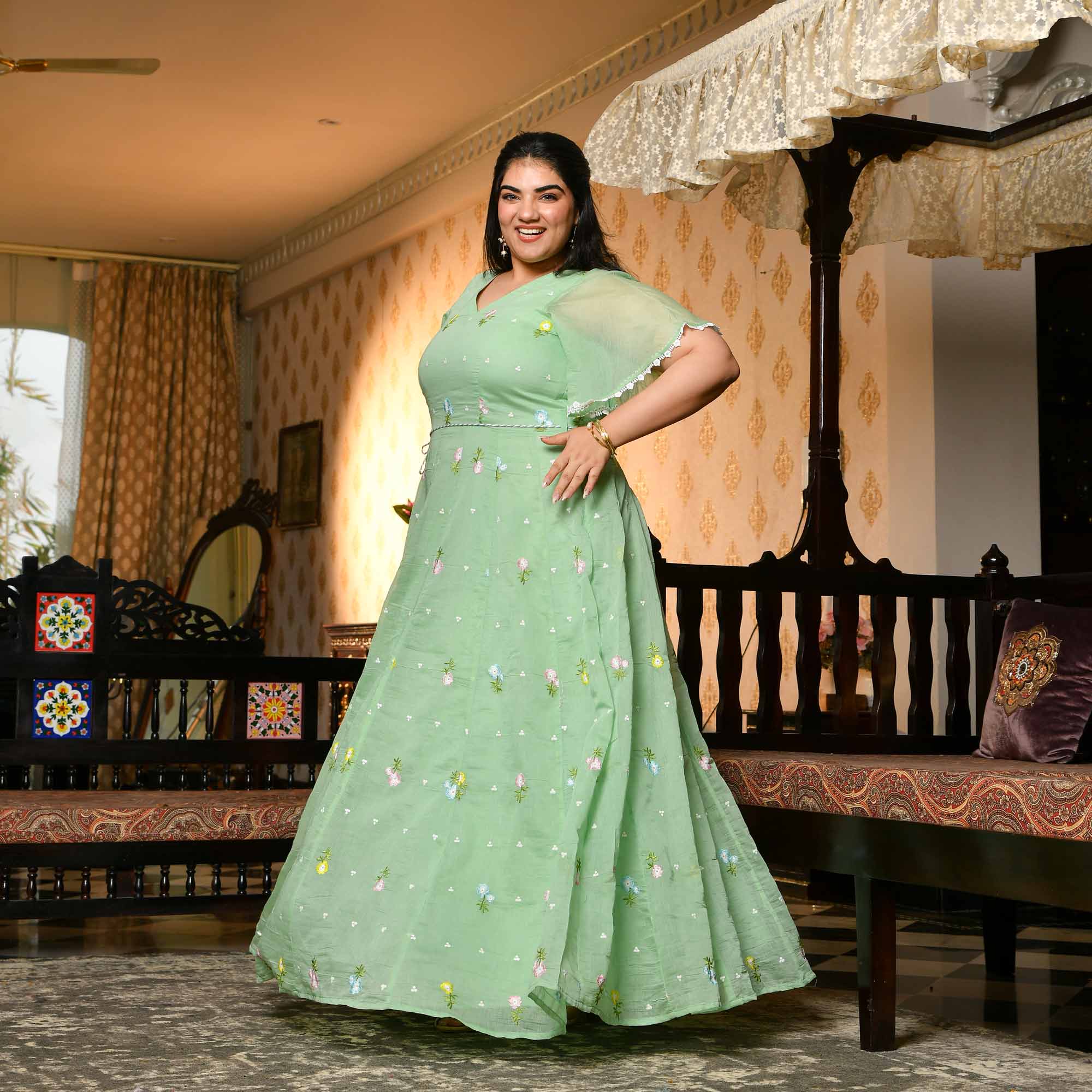 Cucumber Crush- Mint Green Thread Embroidered Mul Chanderi Dress