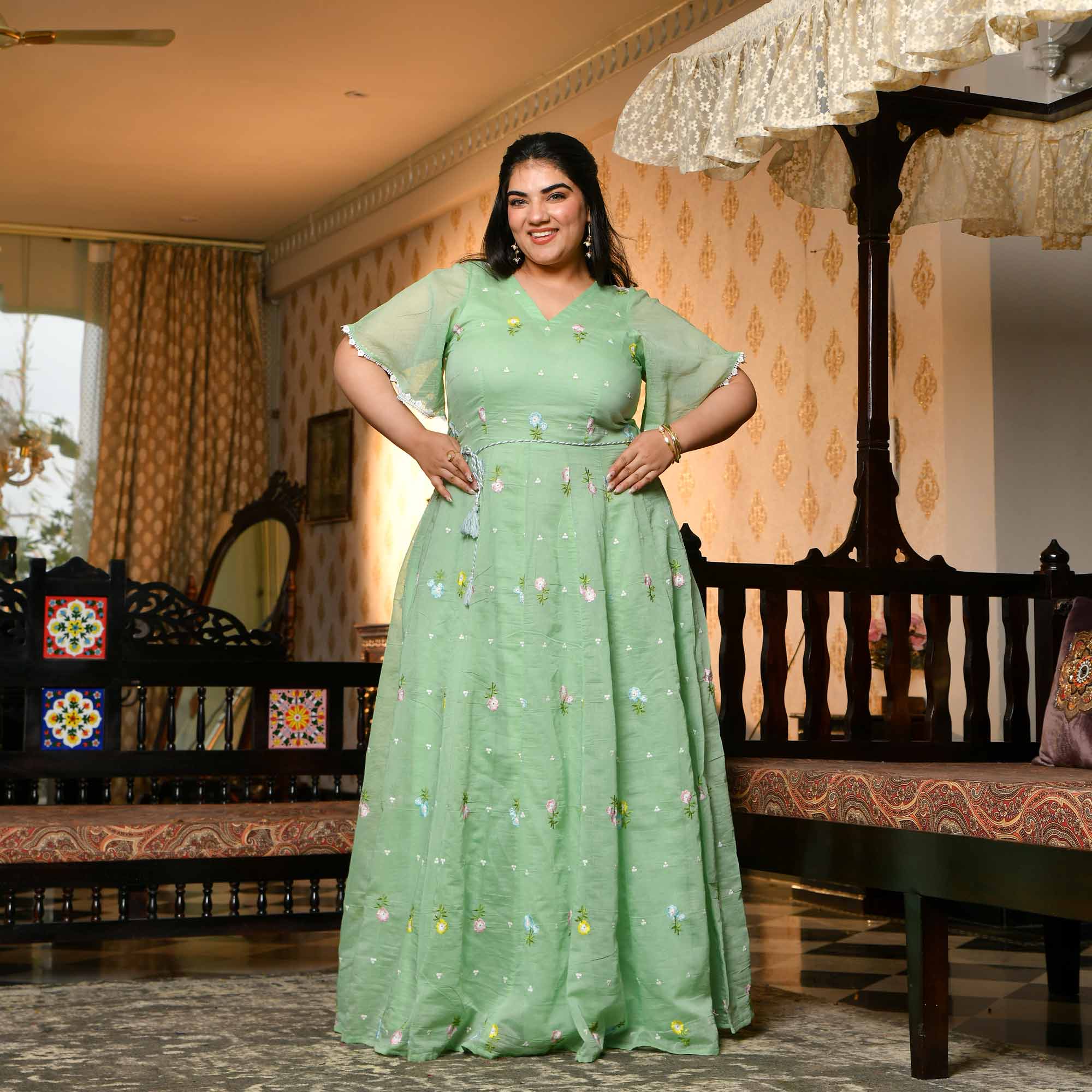 Cucumber Crush- Mint Green Thread Embroidered Mul Chanderi Dress