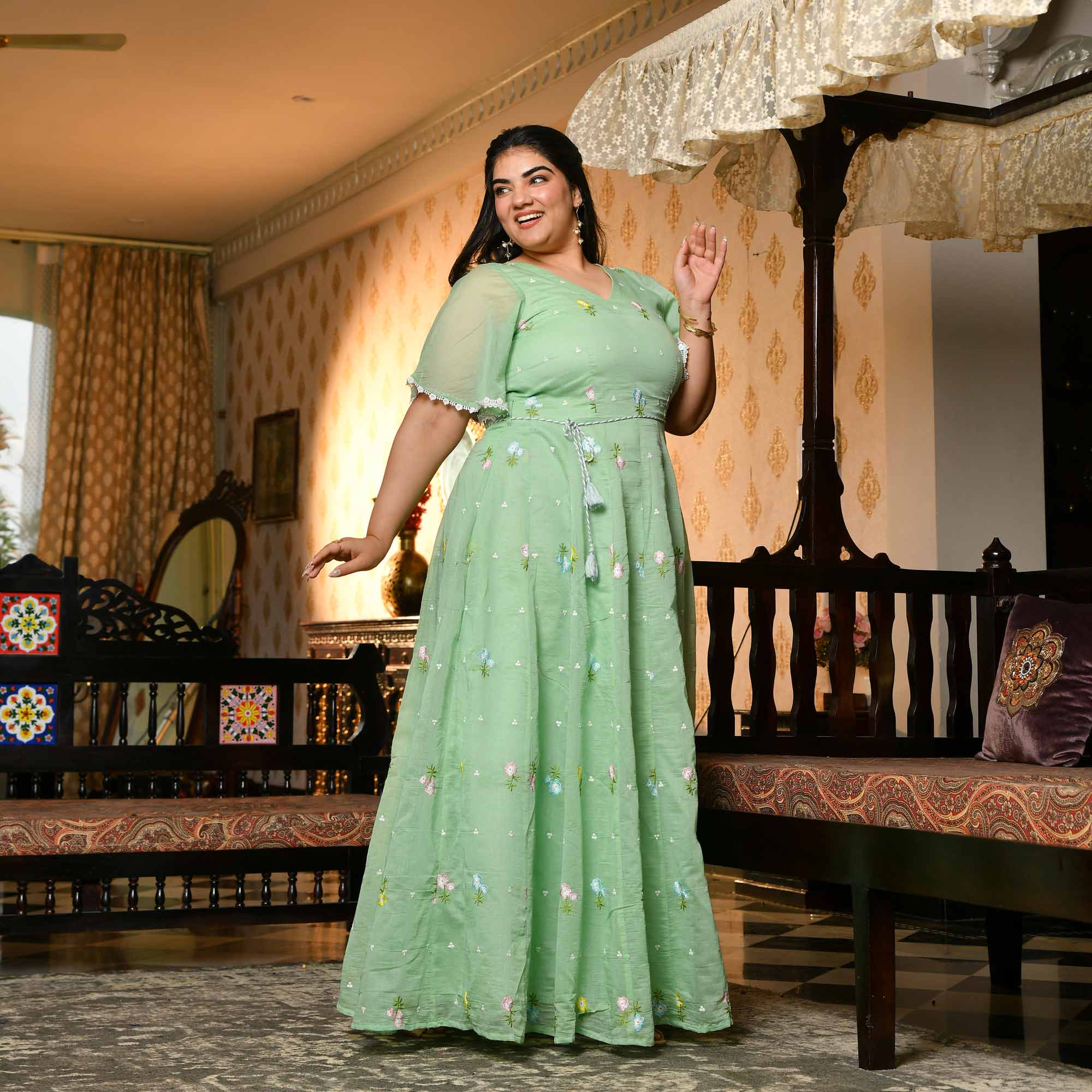Cucumber Crush- Mint Green Thread Embroidered Mul Chanderi Dress