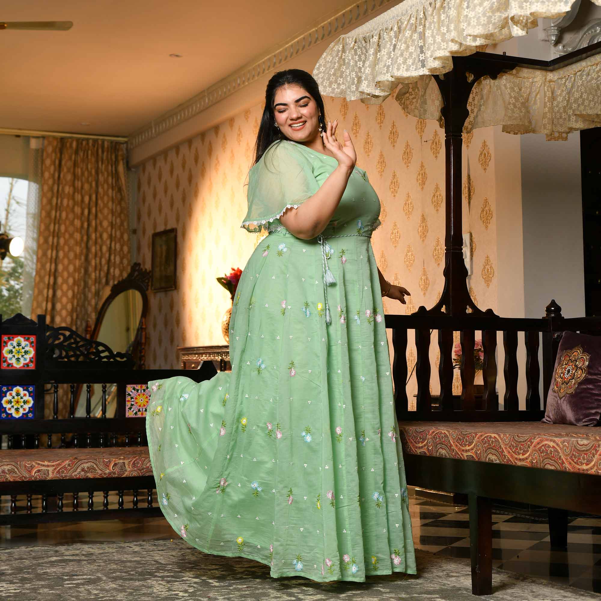 Cucumber Crush- Mint Green Thread Embroidered Mul Chanderi Dress