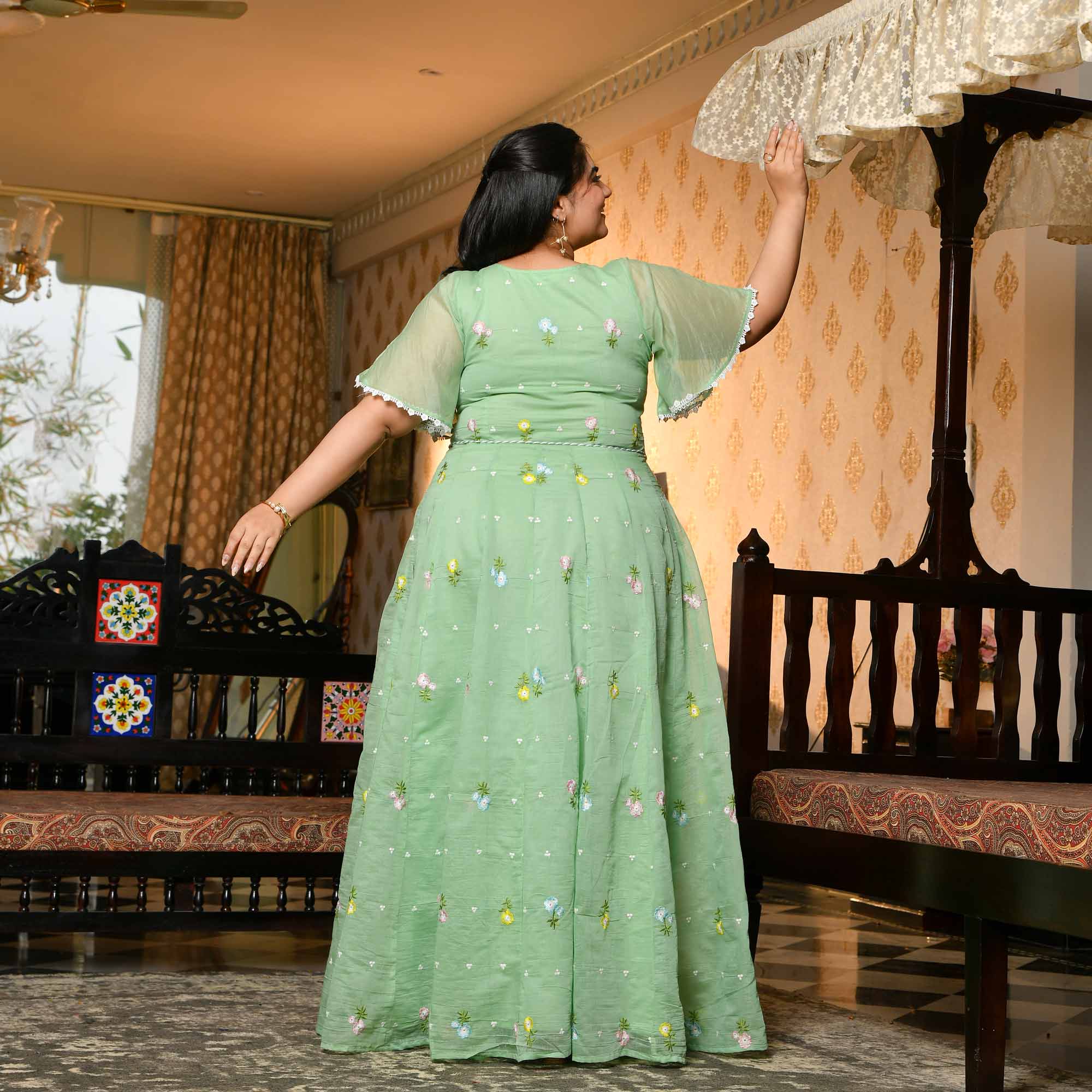 Cucumber Crush- Mint Green Thread Embroidered Mul Chanderi Dress