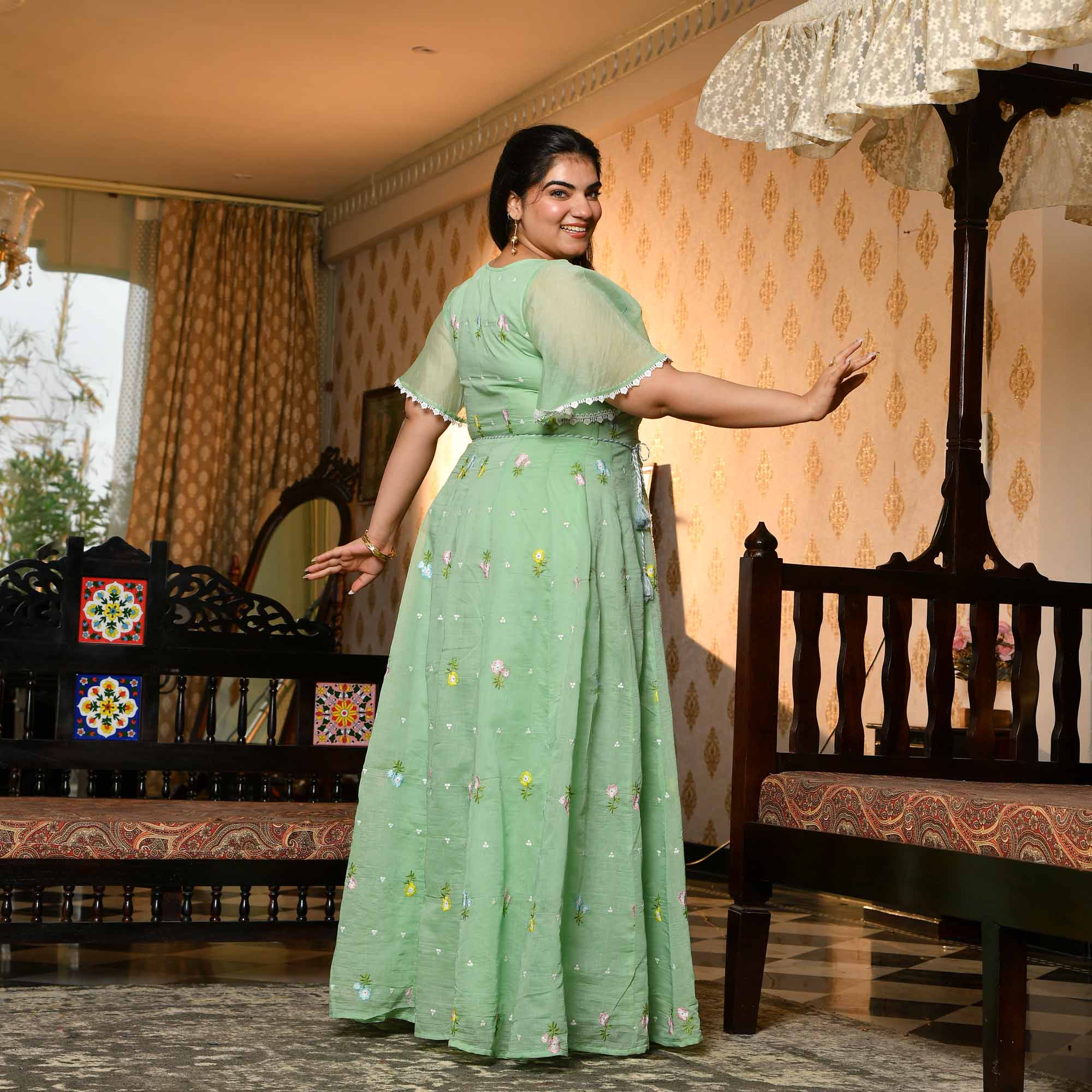 Cucumber Crush- Mint Green Thread Embroidered Mul Chanderi Dress
