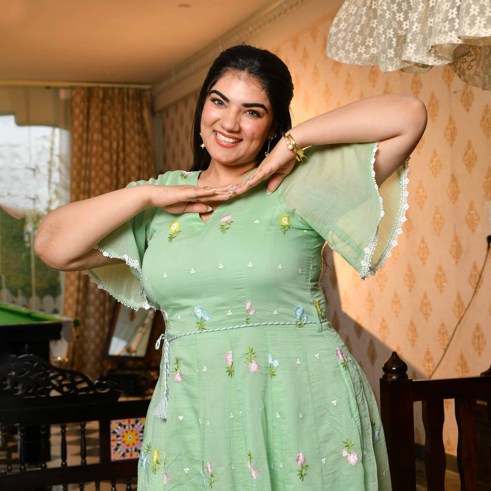 Cucumber Crush- Mint Green Thread Embroidered Mul Chanderi Dress