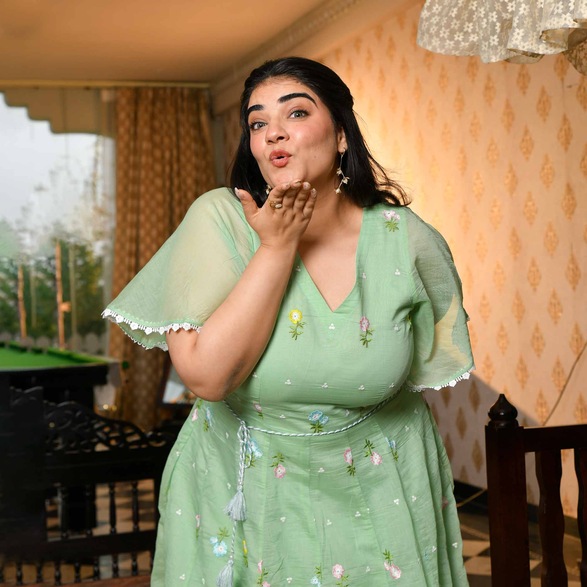 Cucumber Crush- Mint Green Thread Embroidered Mul Chanderi Dress