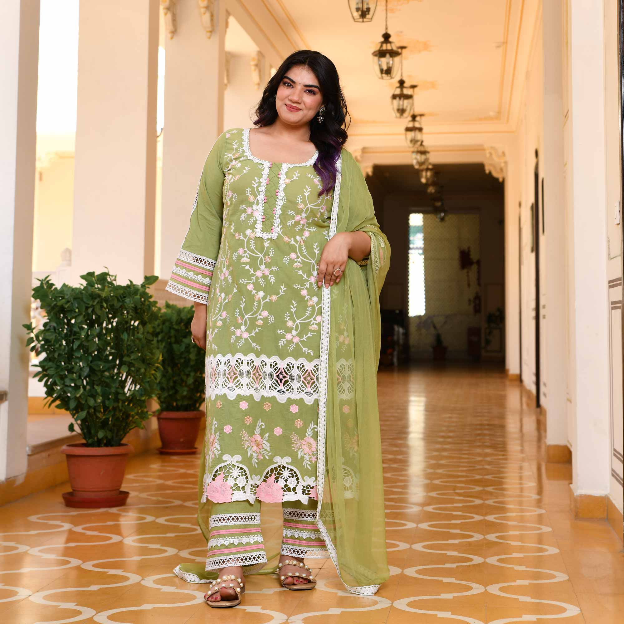 Saadgi- Pista Green Chikankari Embroidered Pure Cotton Suit Set