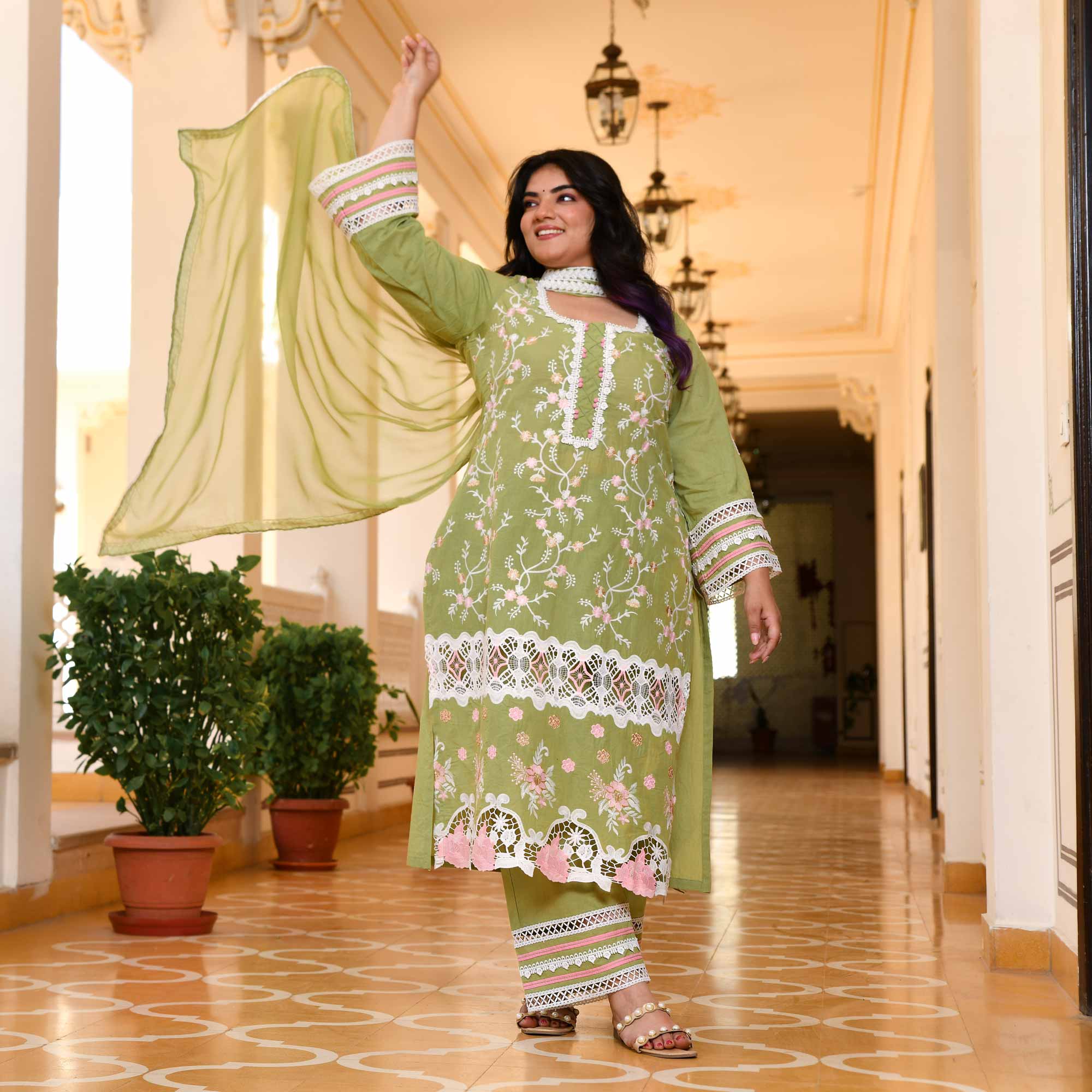 Saadgi- Pista Green Chikankari Embroidered Pure Cotton Suit Set