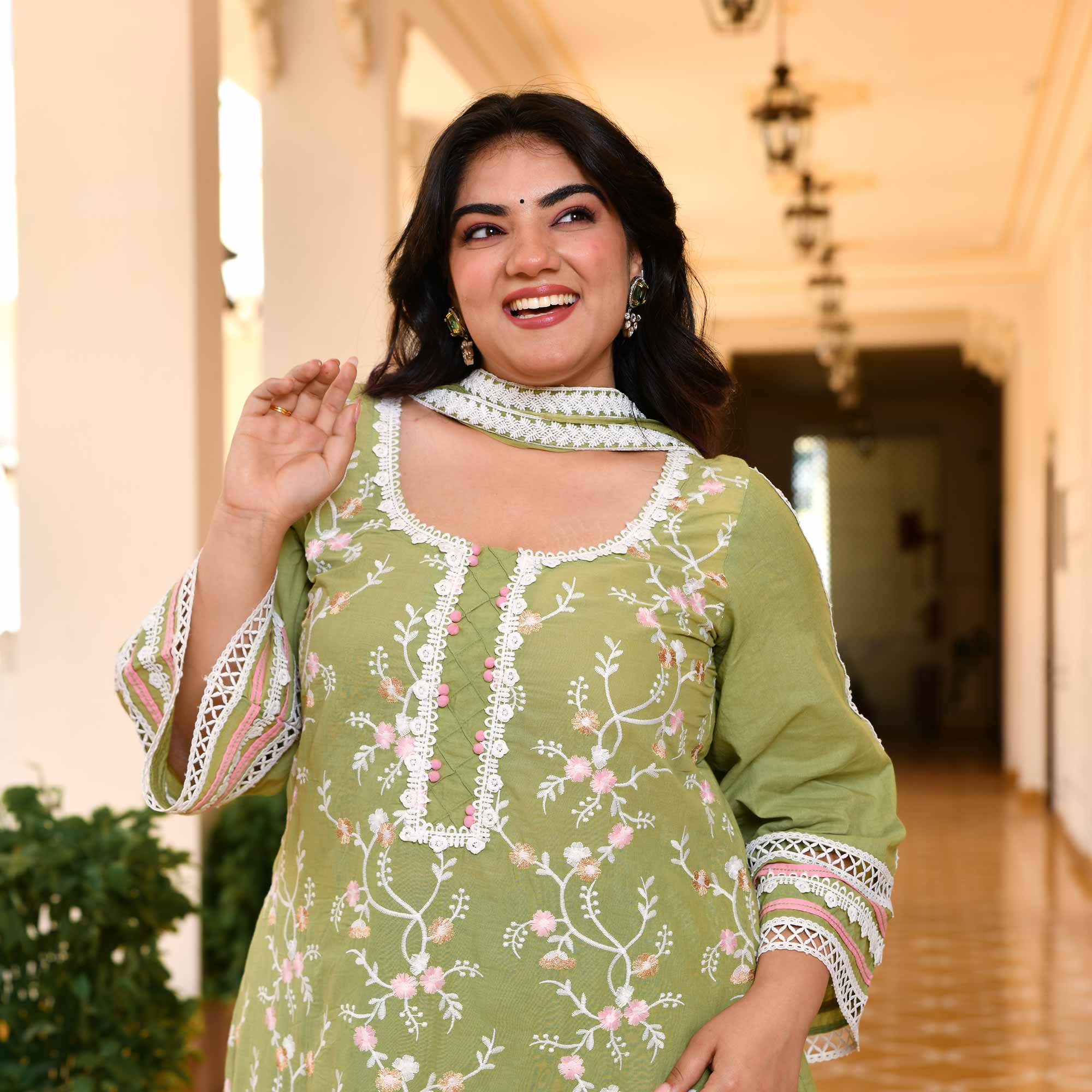 Saadgi- Pista Green Chikankari Embroidered Pure Cotton Suit Set