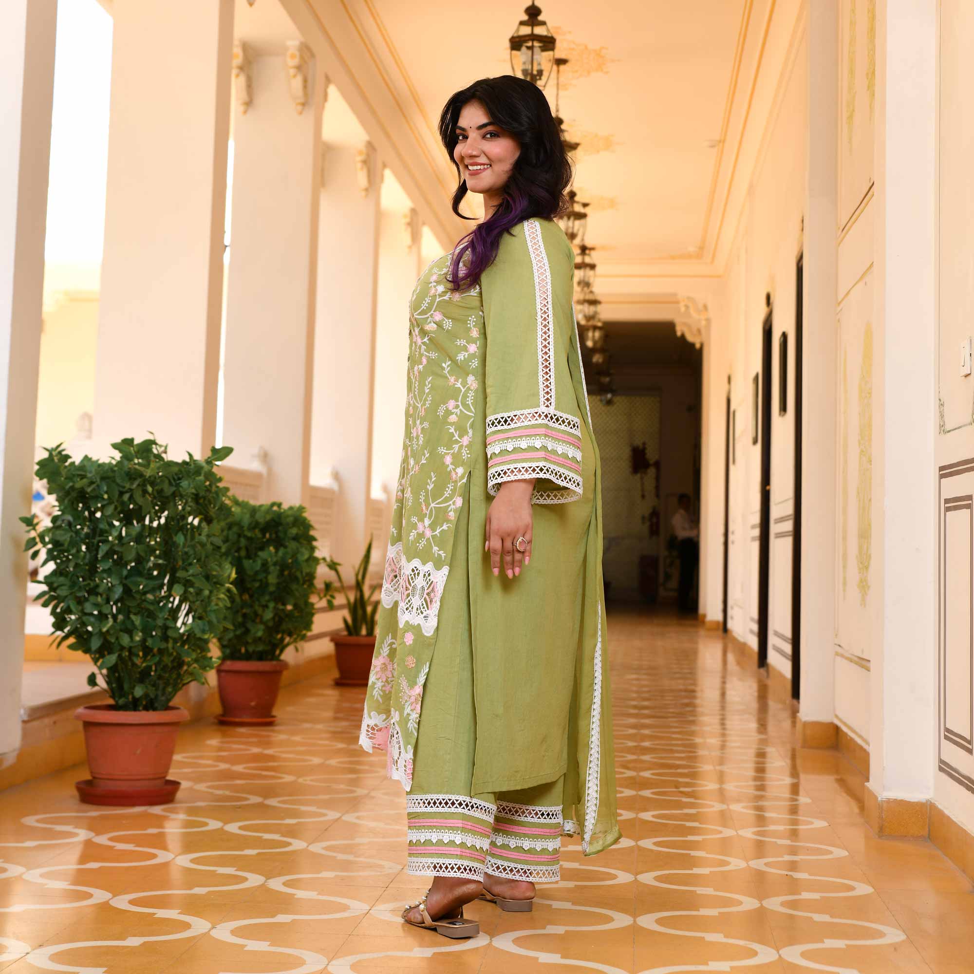 Saadgi- Pista Green Chikankari Embroidered Pure Cotton Suit Set