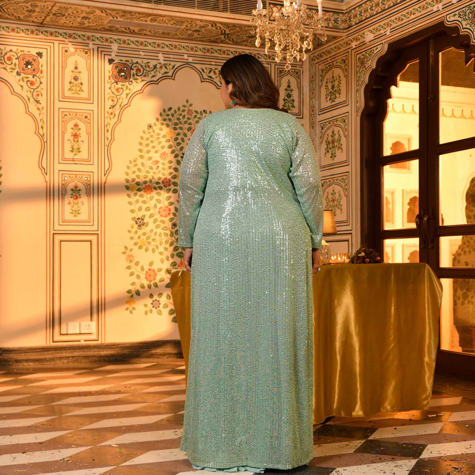 Flirtini-Mint Green Drape Saree Dress with Sequin Embellished Blazer