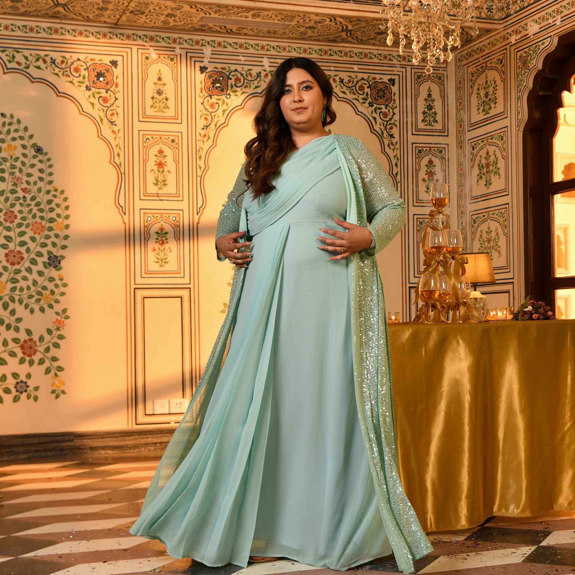 Flirtini-Mint Green Drape Saree Dress with Sequin Embellished Blazer