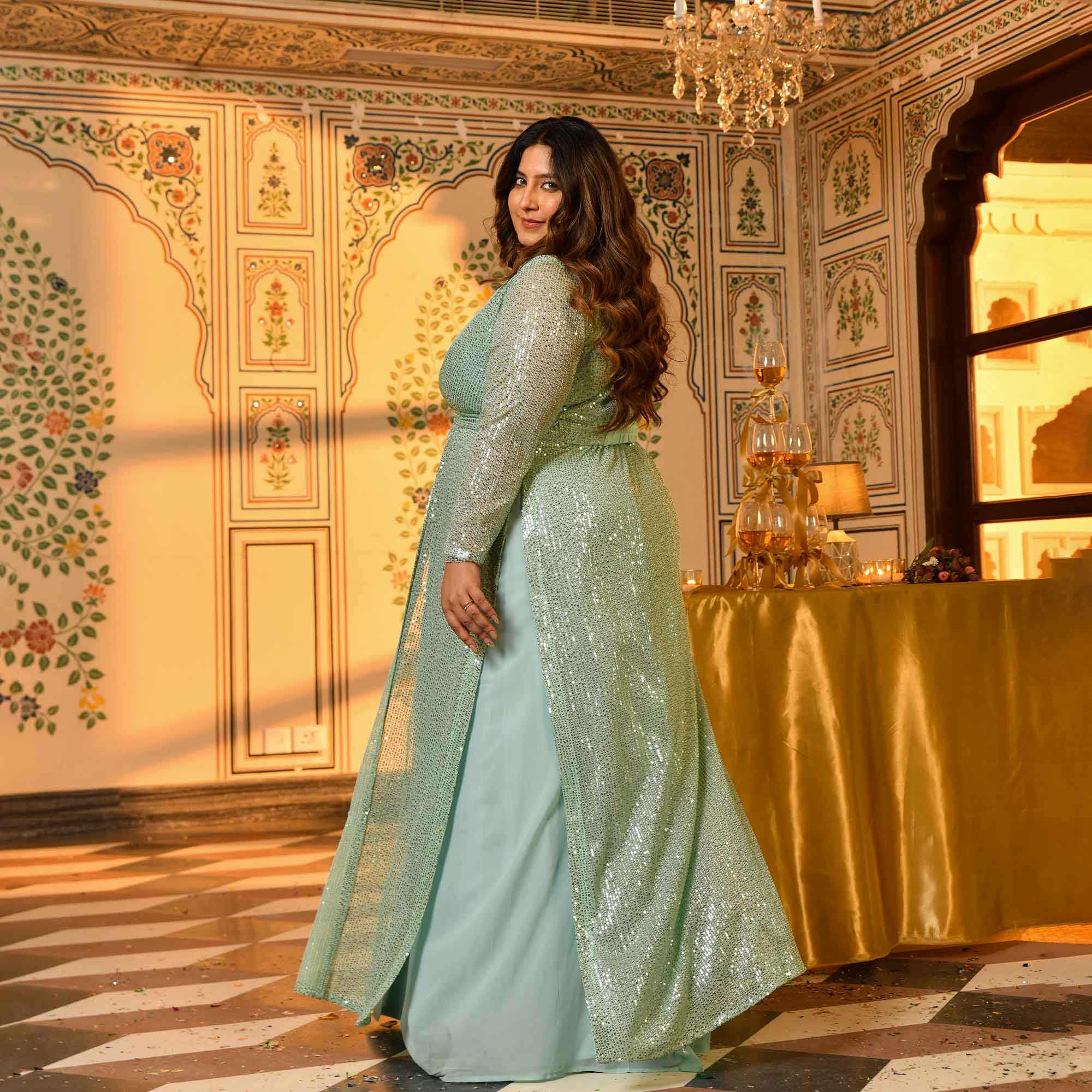 Flirtini-Mint Green Drape Saree Dress with Sequin Embellished Blazer