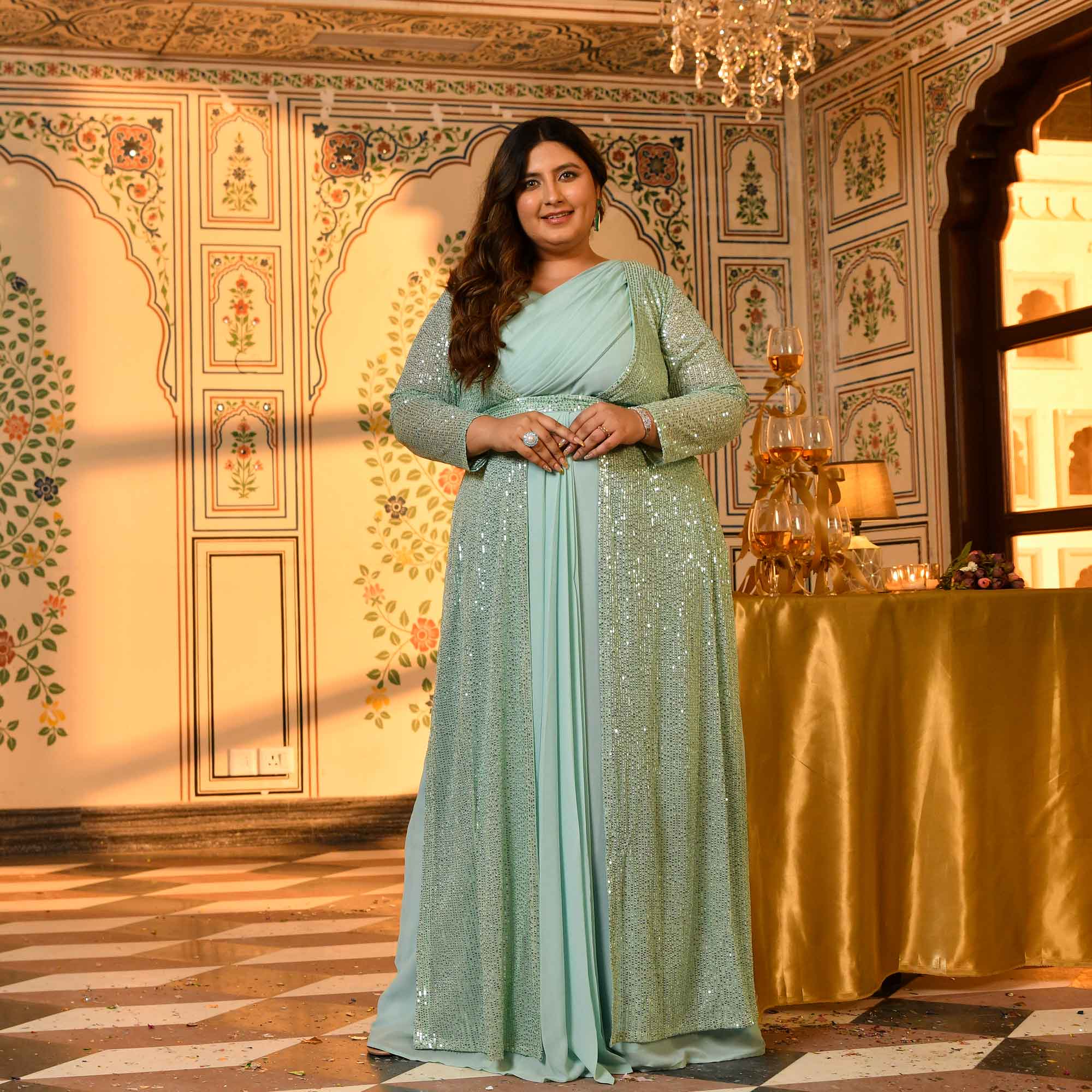 Flirtini-Mint Green Drape Saree Dress with Sequin Embellished Cape Flirtini-Mint Green Drape Saree Dress with Sequin Embellished Cape