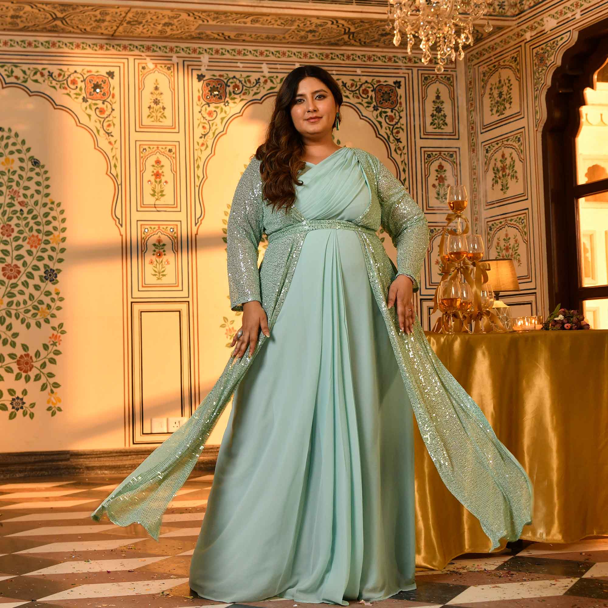 Flirtini-Mint Green Drape Saree Dress with Sequin Embellished Blazer