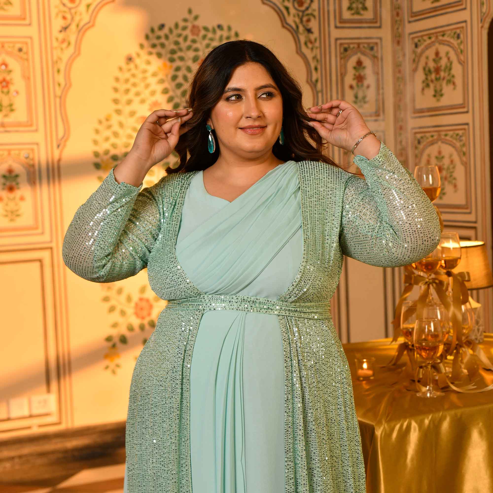 Flirtini-Mint Green Drape Saree Dress with Sequin Embellished Blazer
