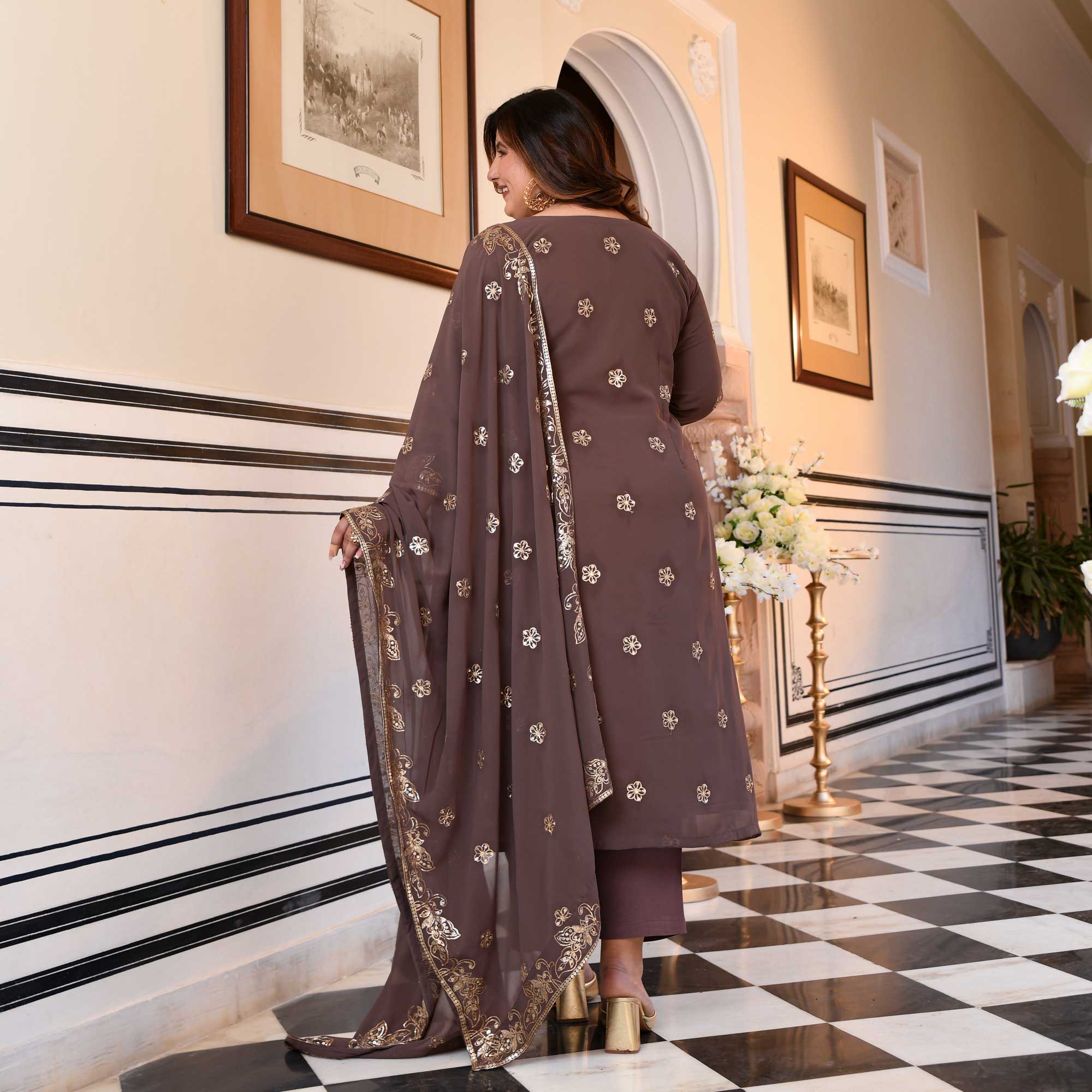 Ishani- Dusky Mauve Sequin Embroidered Georgette Suit Set