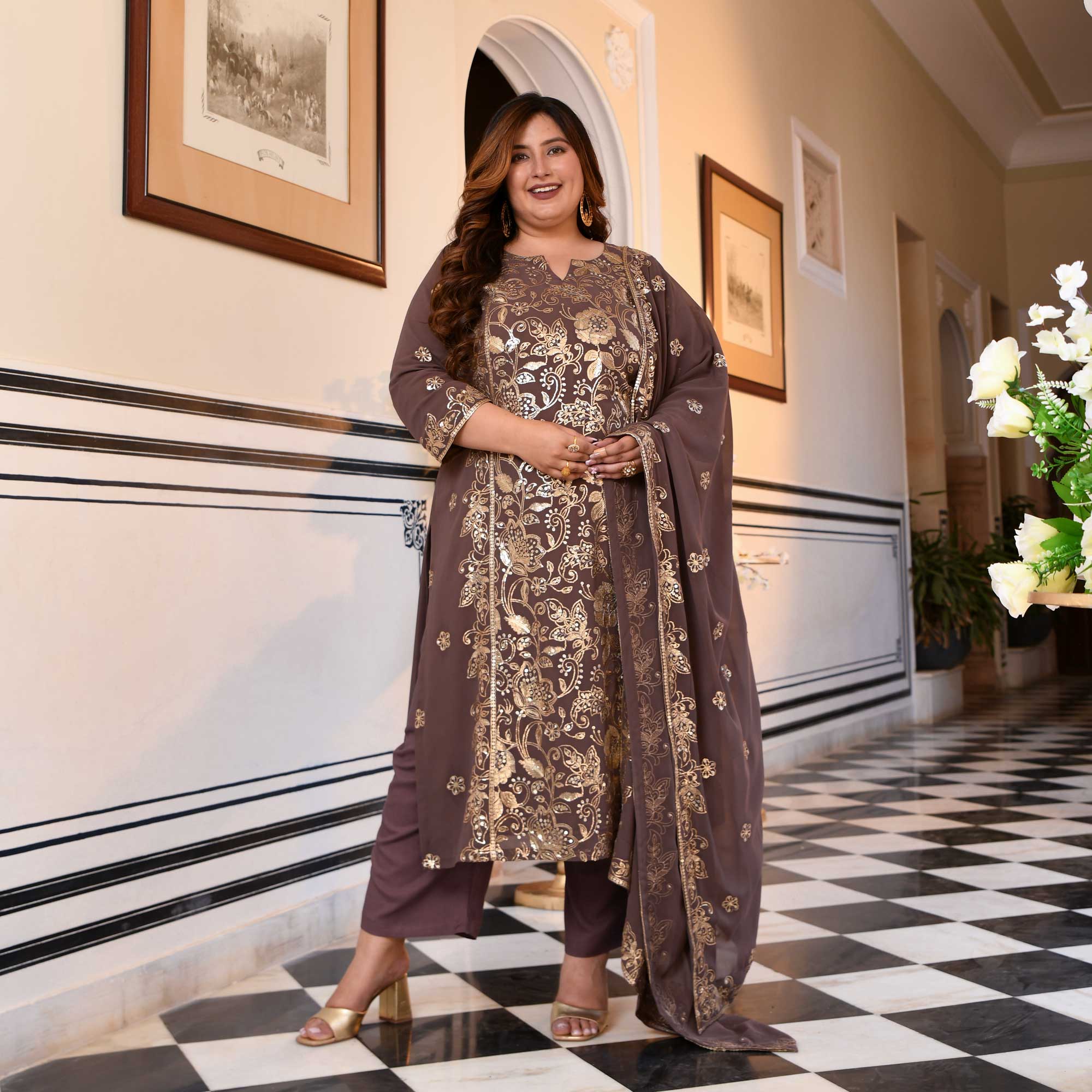 Ishani- Dusky Mauve Sequin Embroidered Georgette Suit Set