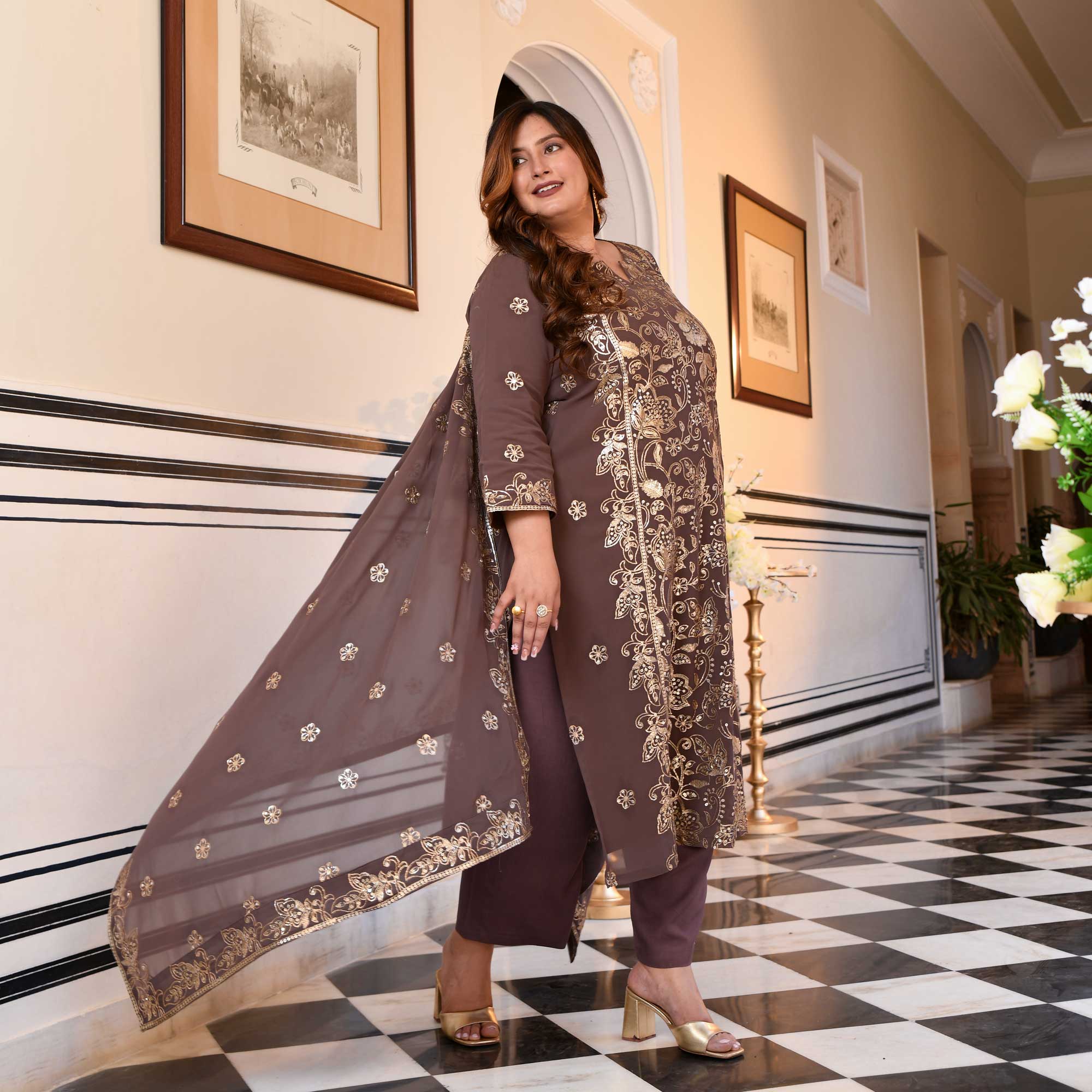 Ishani- Dusky Mauve Sequin Embroidered Georgette Suit Set