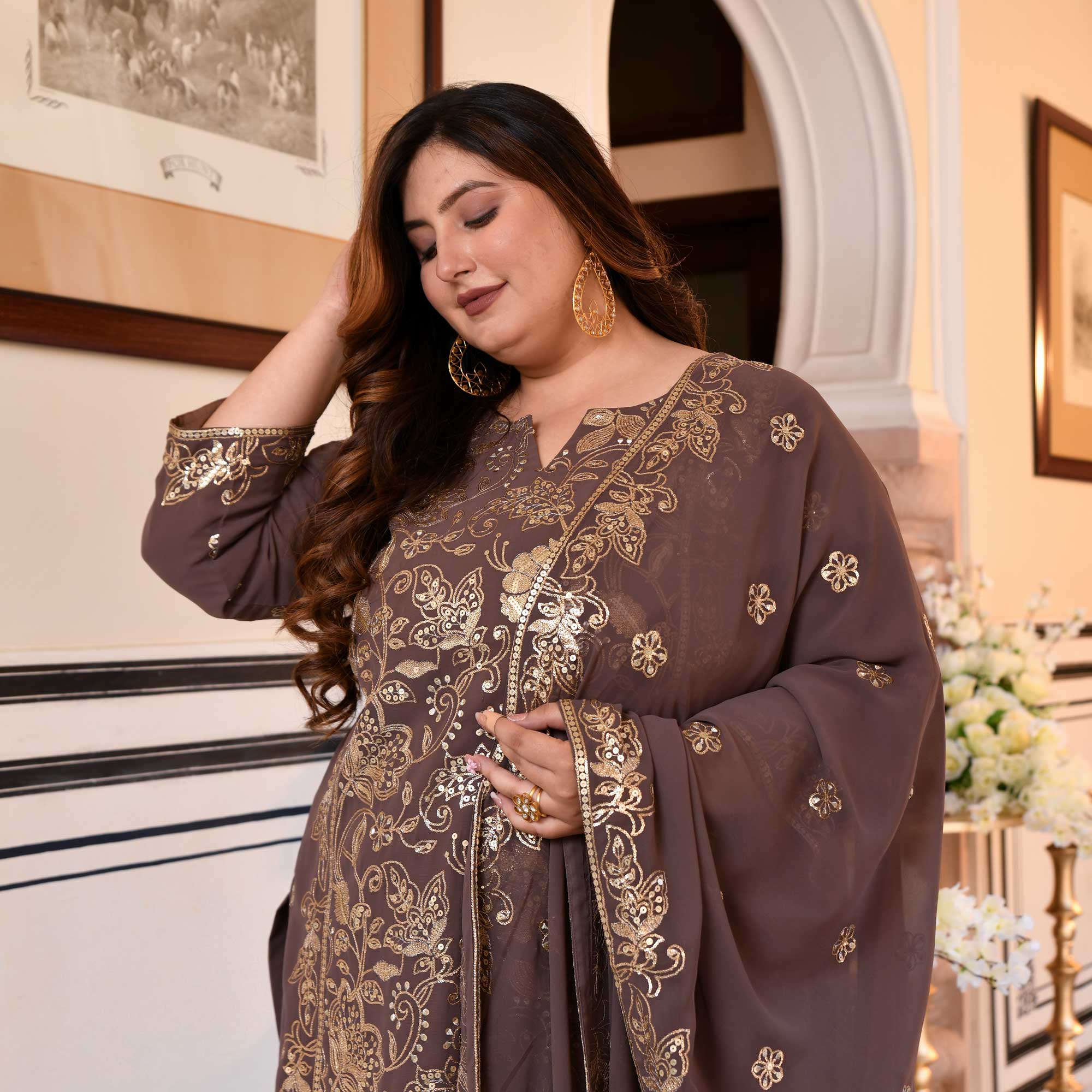 Ishani- Dusky Mauve Sequin Embroidered Georgette Suit Set