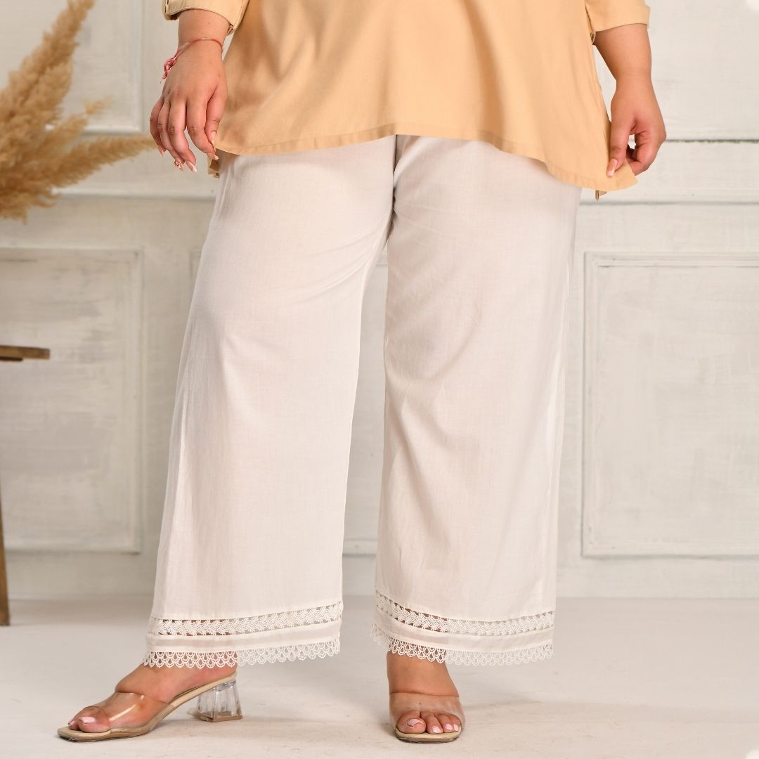 Mogra- White Pure Cotton Straight Fit Chikan Laced Pants