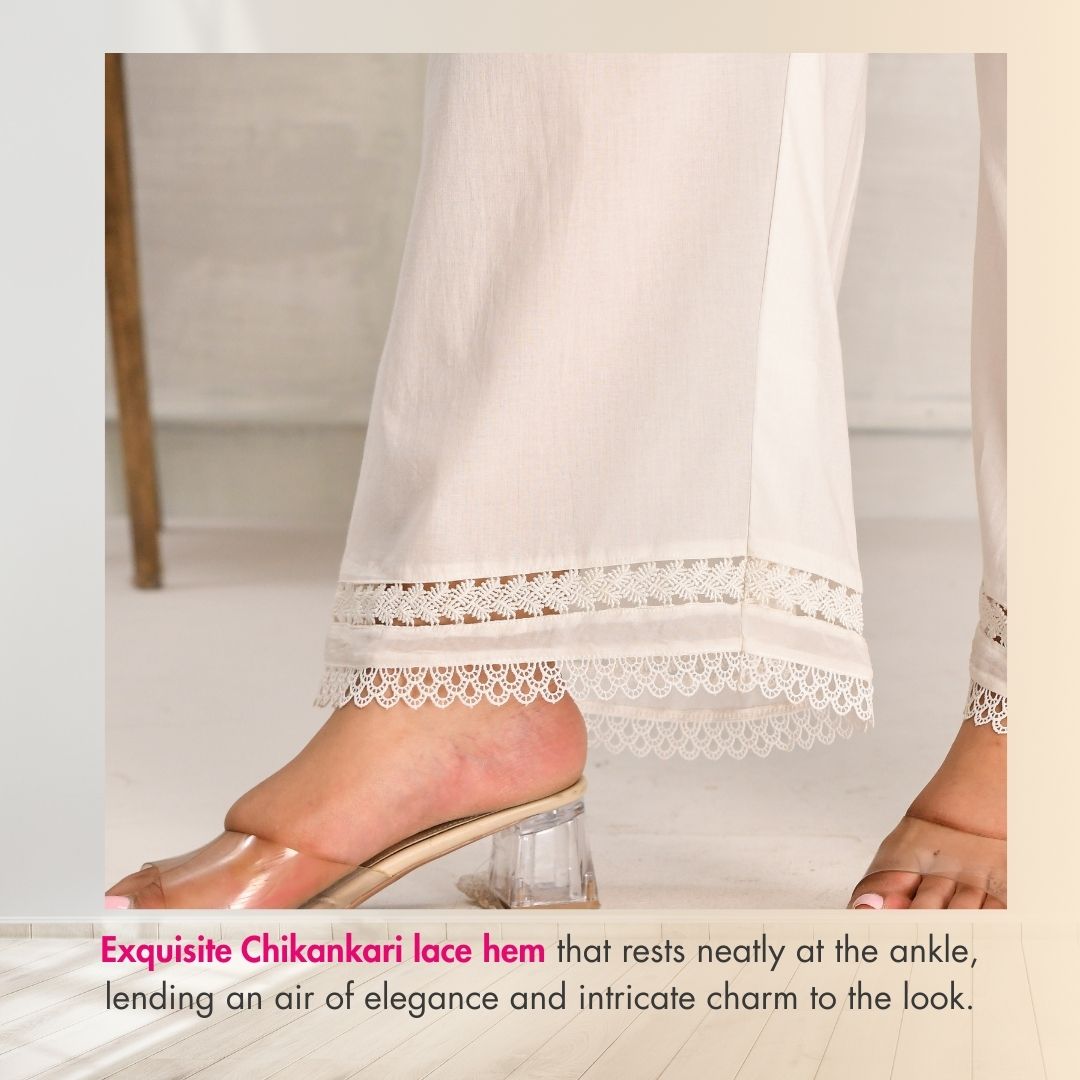 Mogra- White Pure Cotton Straight Fit Chikan Laced Pants