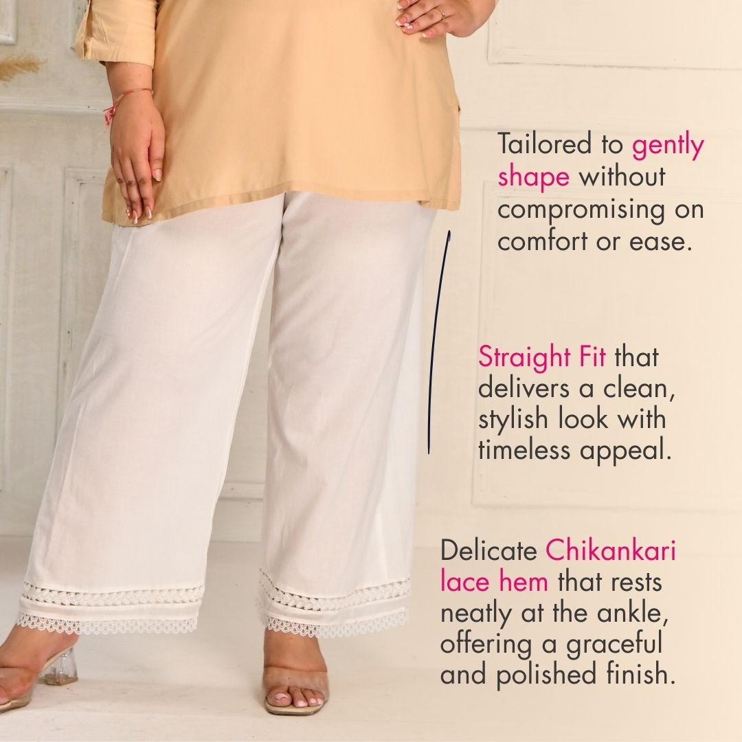 Mogra- White Pure Cotton Straight Fit Chikan Laced Pants