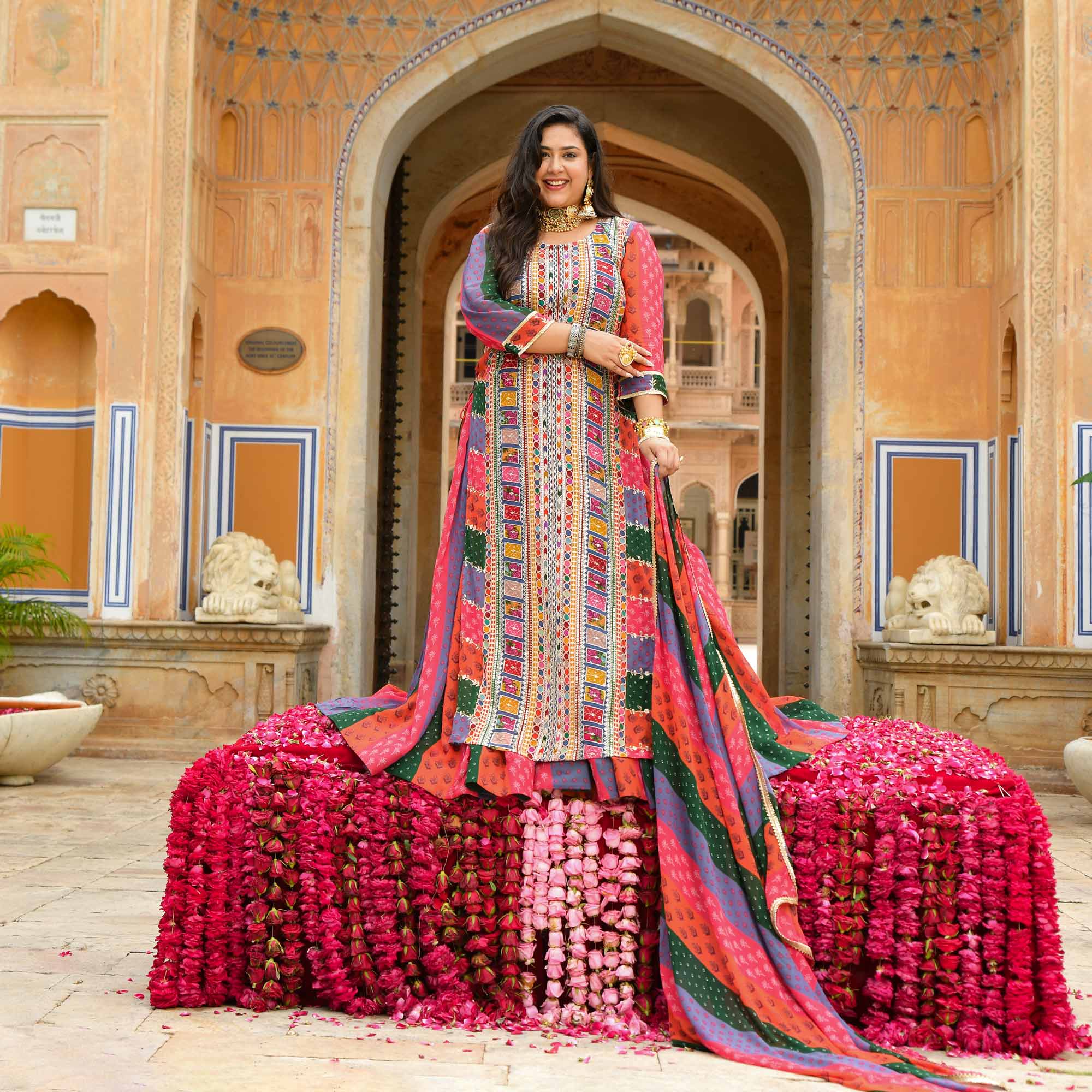 Pitara- Multicolour Modern Fusion Printed Zari Embroidered Lehenga Set