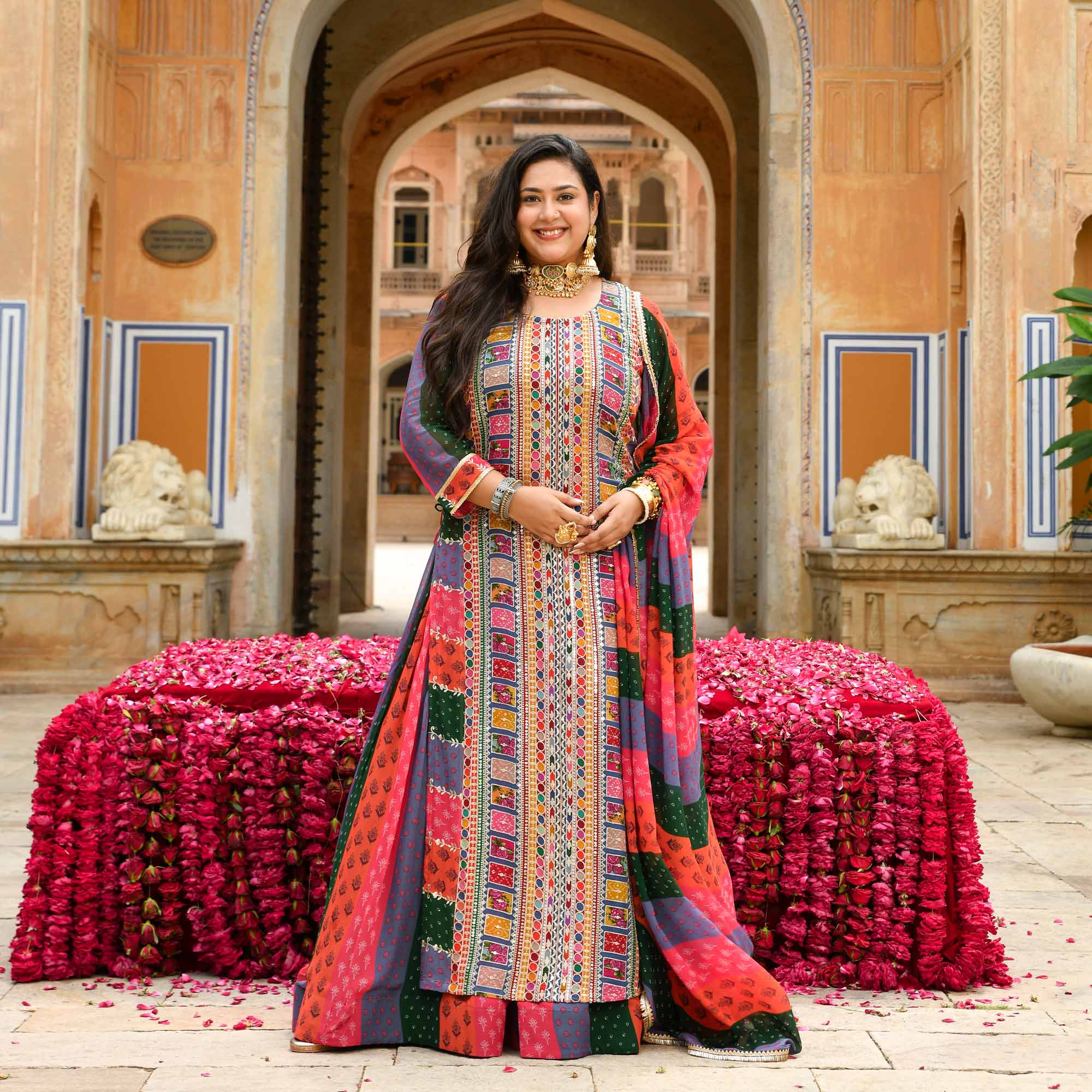modern rajasthani dress Pitara- Multicolour Modern Fusion Printed Zari Embroidered Lehenga Set