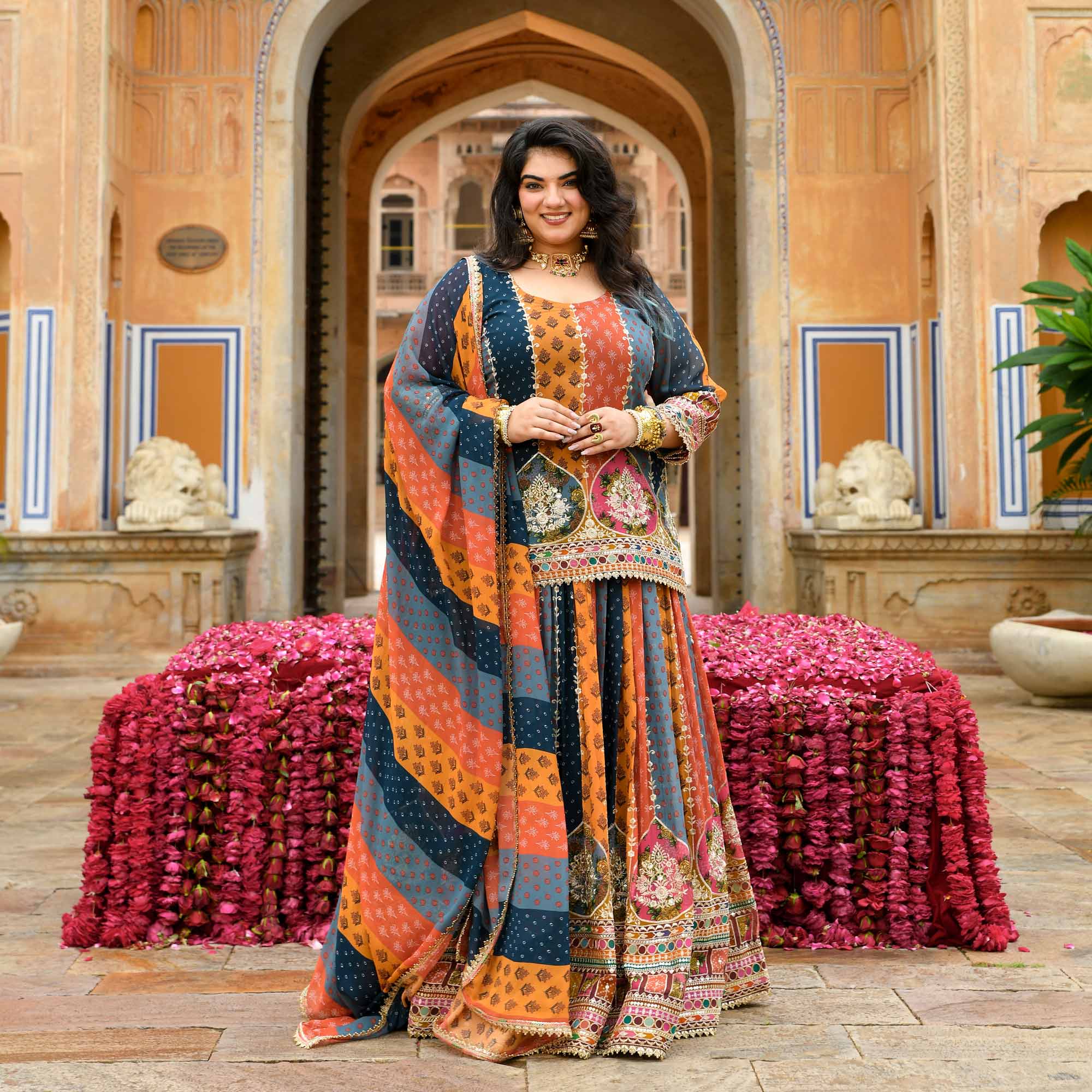 Rajkumari- Multicolour Modern Fusion Printed Zari Embroidered Lehenga Set