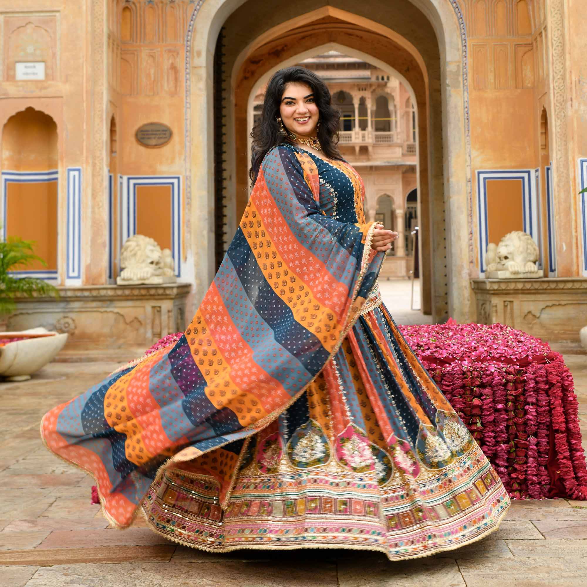 Rajkumari- Multicolour Modern Fusion Printed Zari Embroidered Lehenga Set