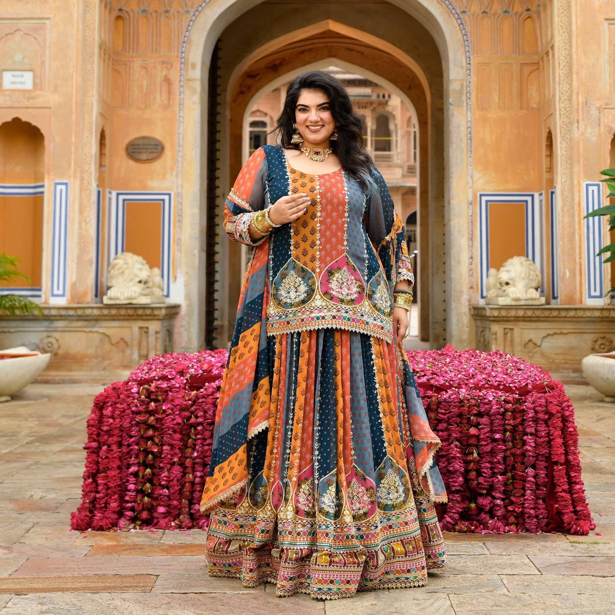 Rajkumari- Multicolour Modern Fusion Printed Zari Embroidered Lehenga Set