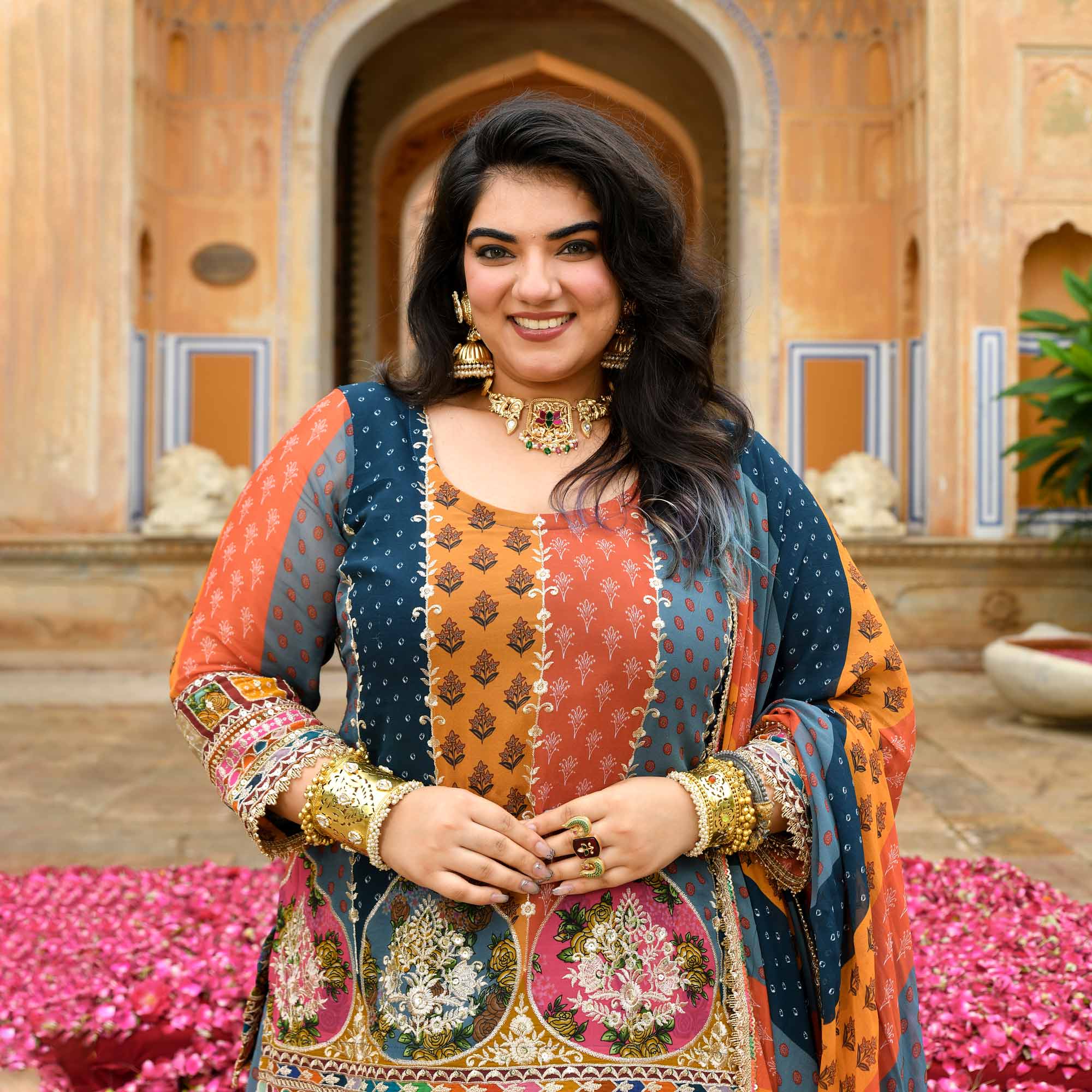 Rajkumari- Multicolour Modern Fusion Printed Zari Embroidered Lehenga Set