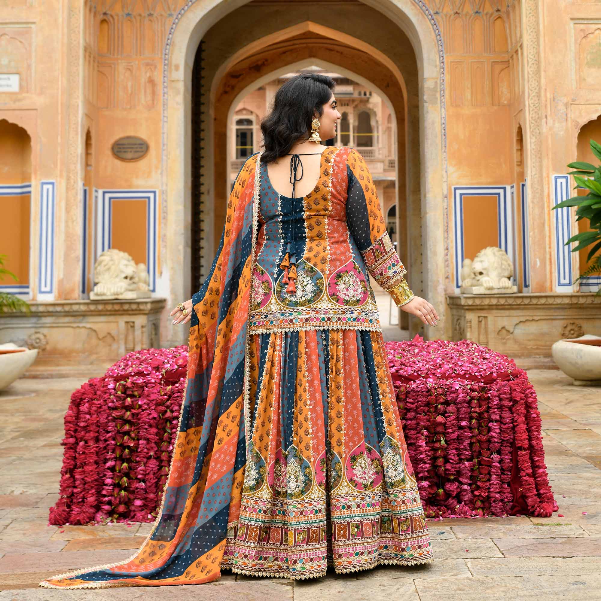 Rajkumari- Multicolour Modern Fusion Printed Zari Embroidered Lehenga Set