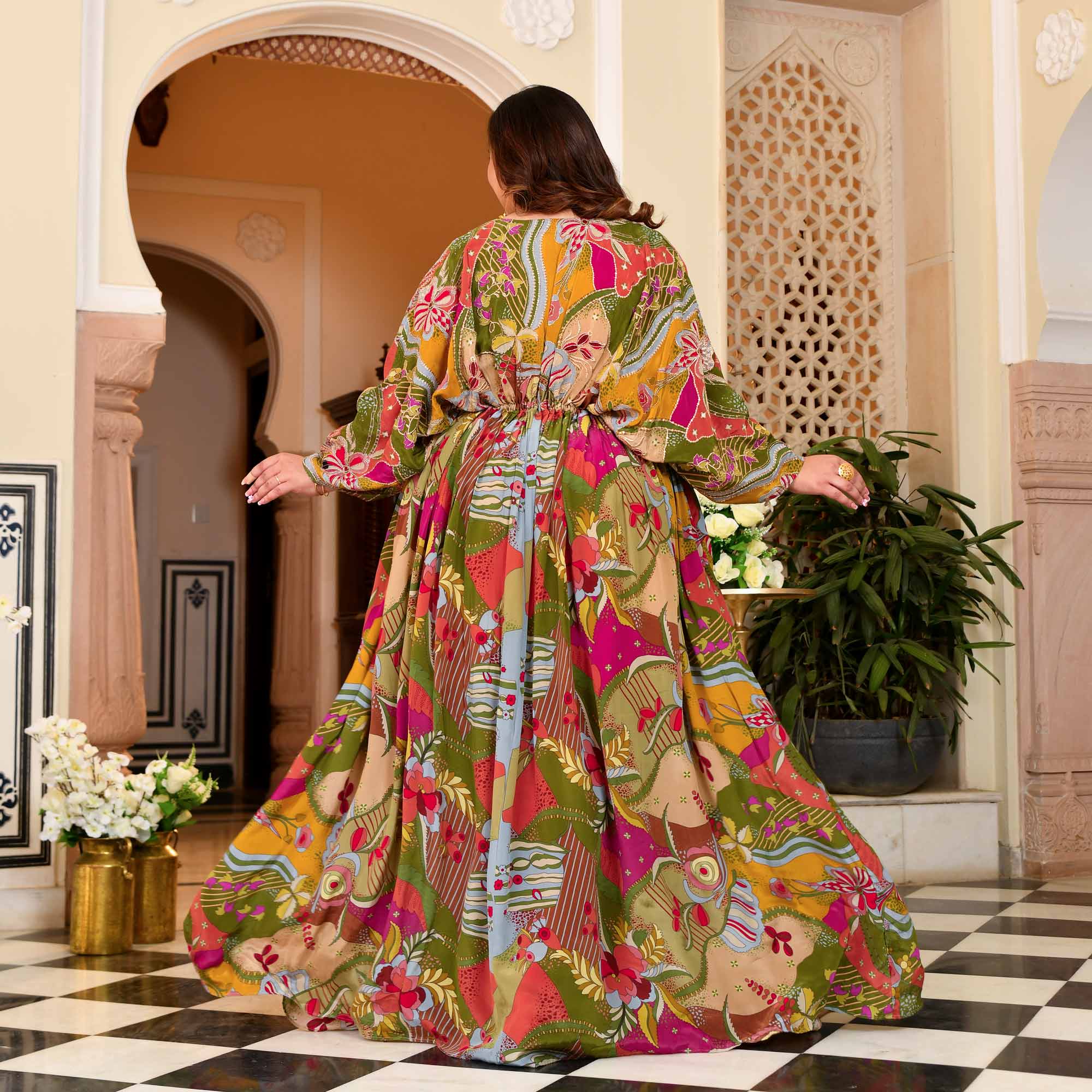 Ira- Multicolored Position Printed Pure Crepe Fusion Kaftan Dress