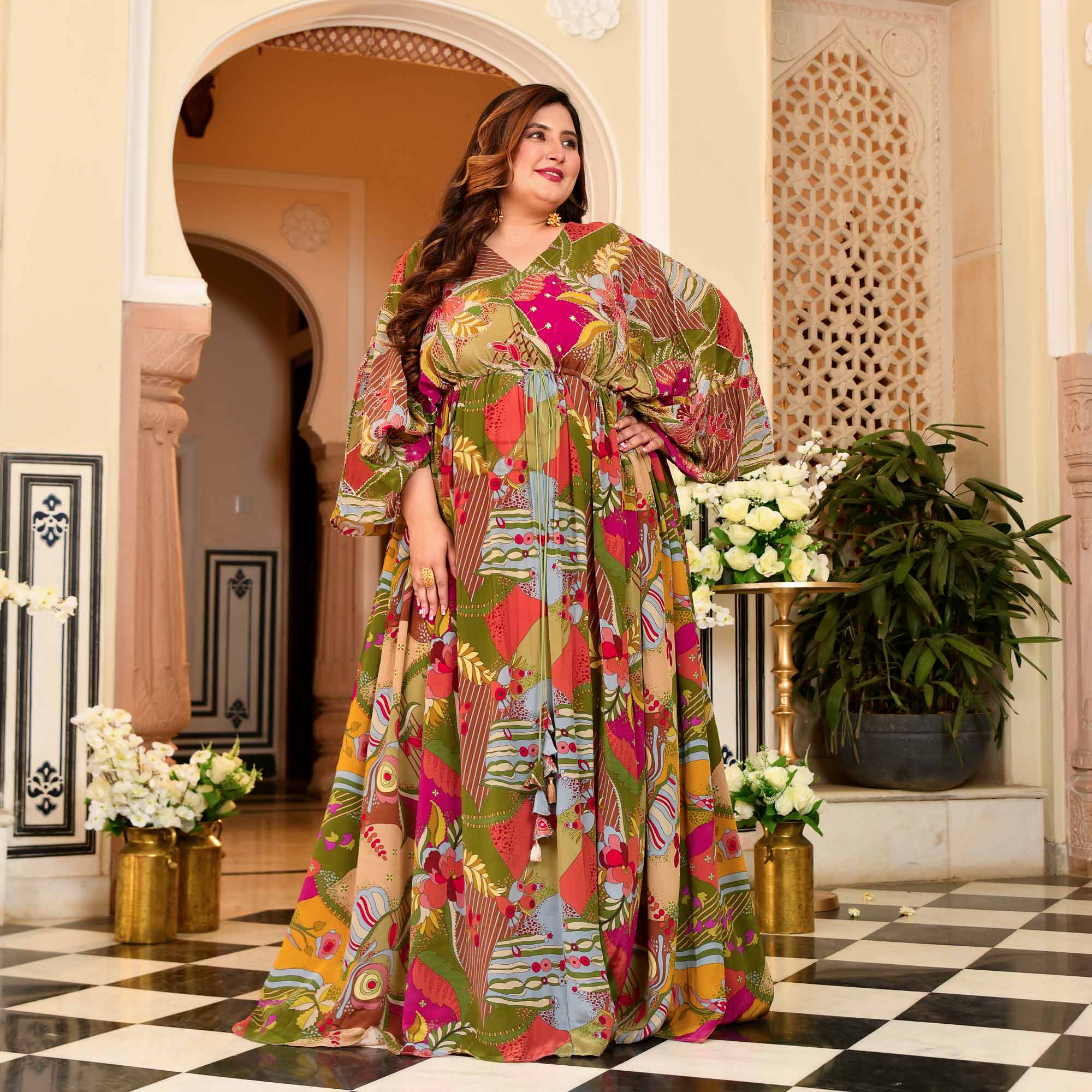 Ira- Multicolored Position Printed Pure Crepe Fusion Kaftan Dress