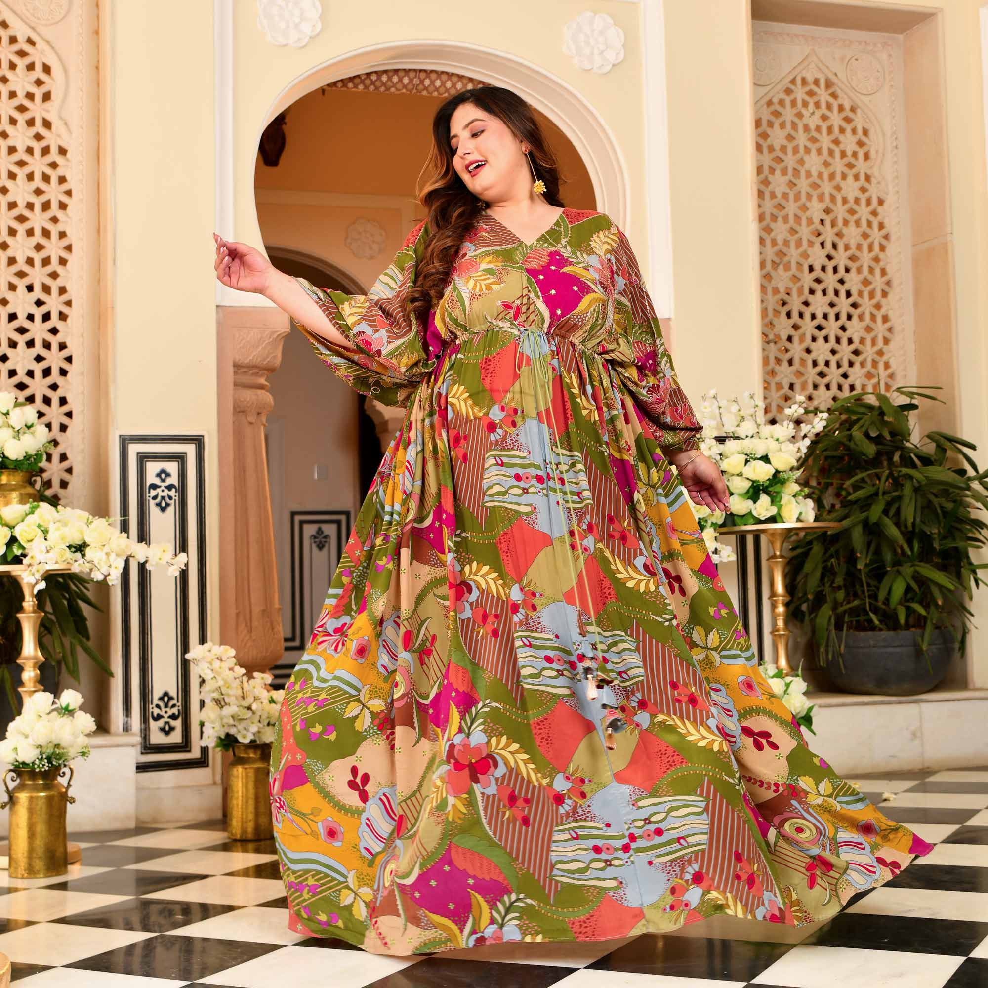 Ira- Multicolored Position Printed Pure Crepe Fusion Kaftan Dress