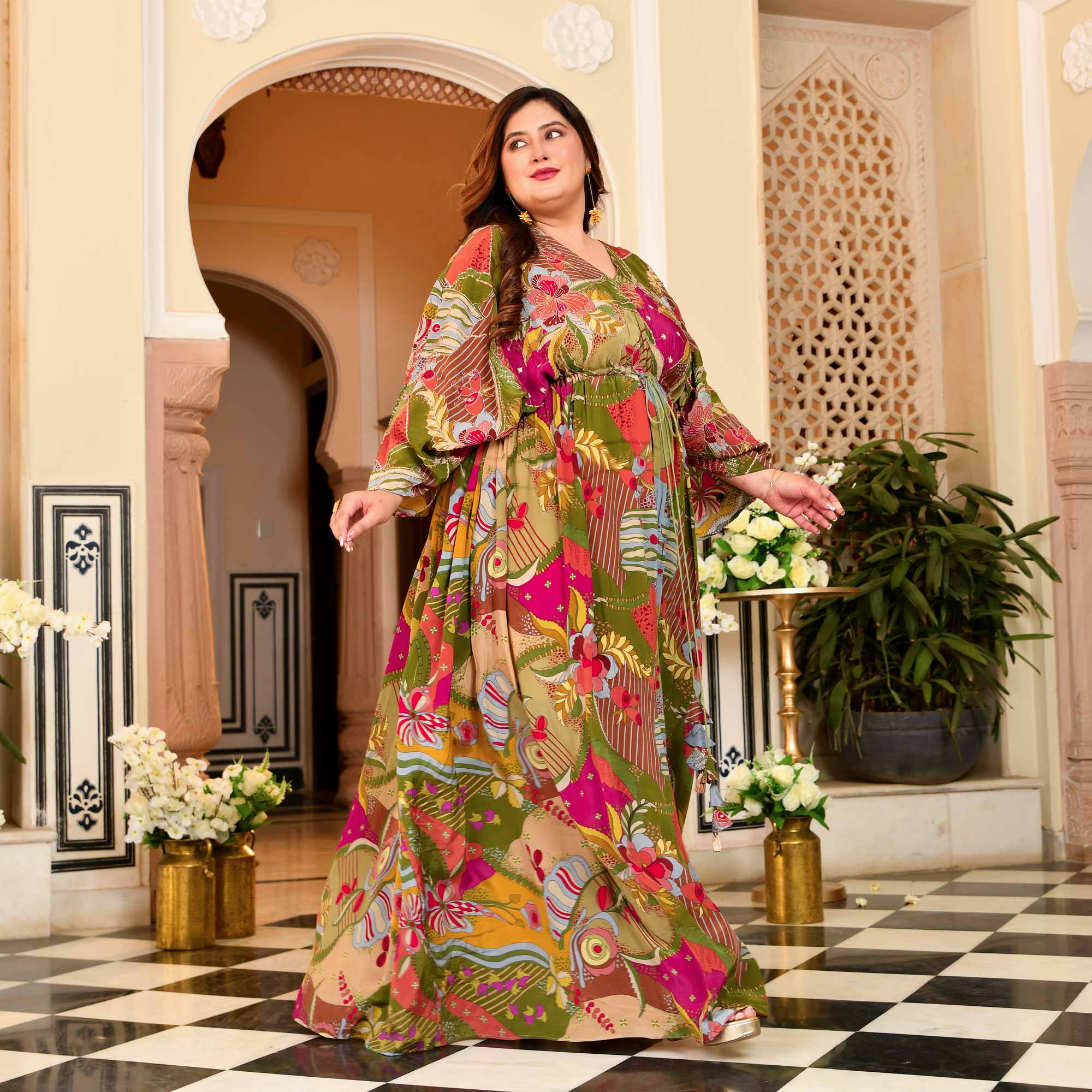 Ira- Multicolored Position Printed Pure Crepe Fusion Kaftan Dress