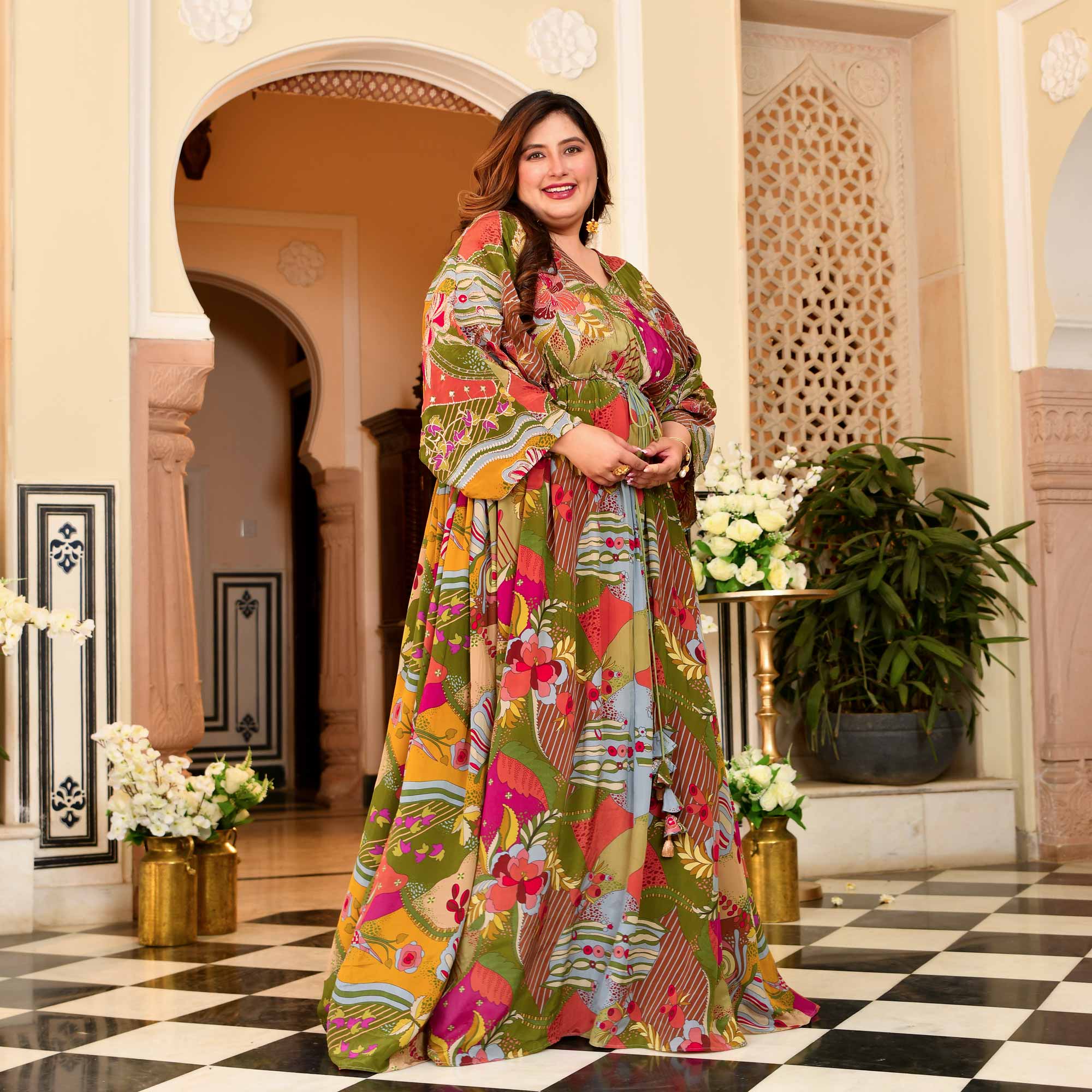 Ira- Multicolored Position Printed Pure Crepe Fusion Kaftan Dress