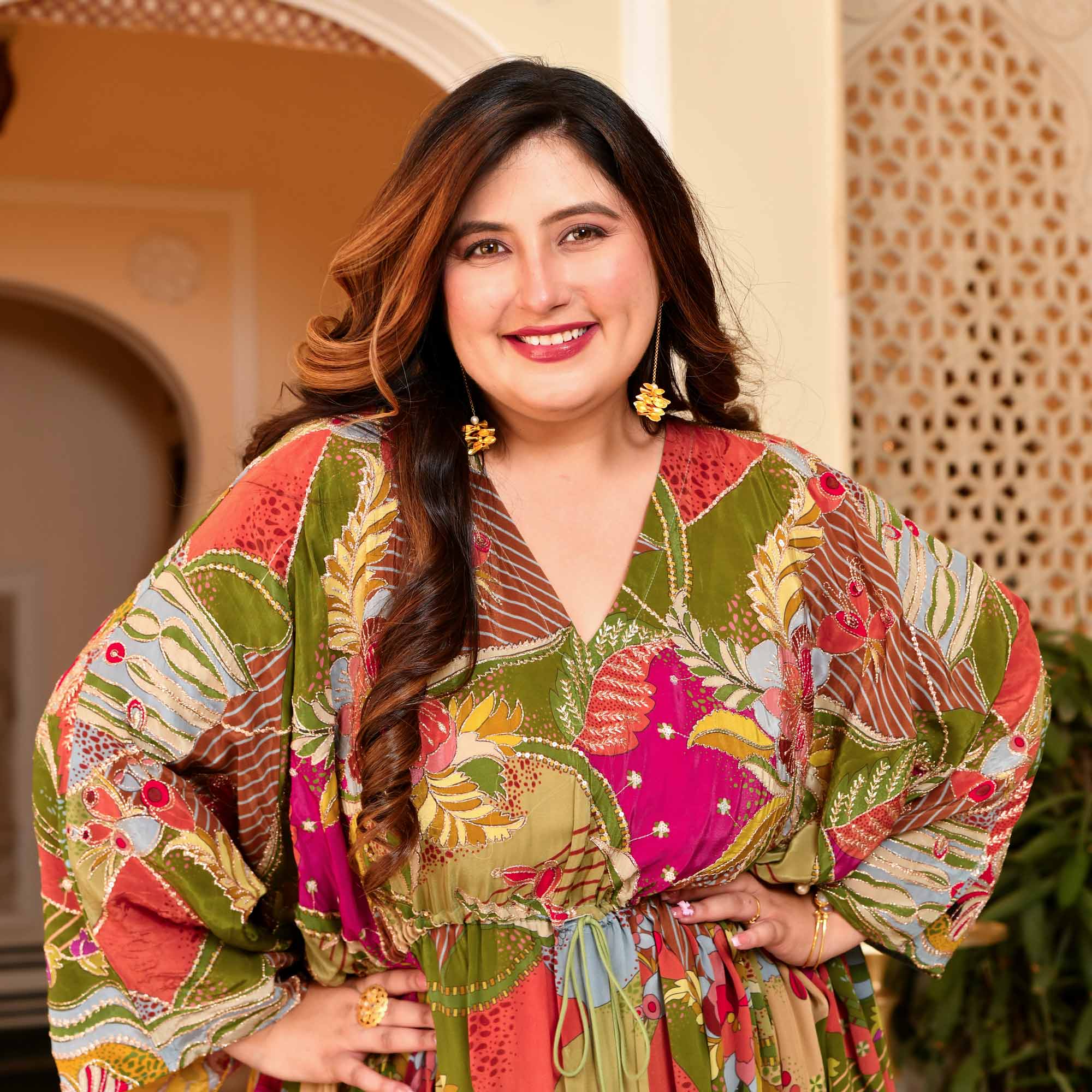 Ira- Multicolored Position Printed Pure Crepe Fusion Kaftan Dress