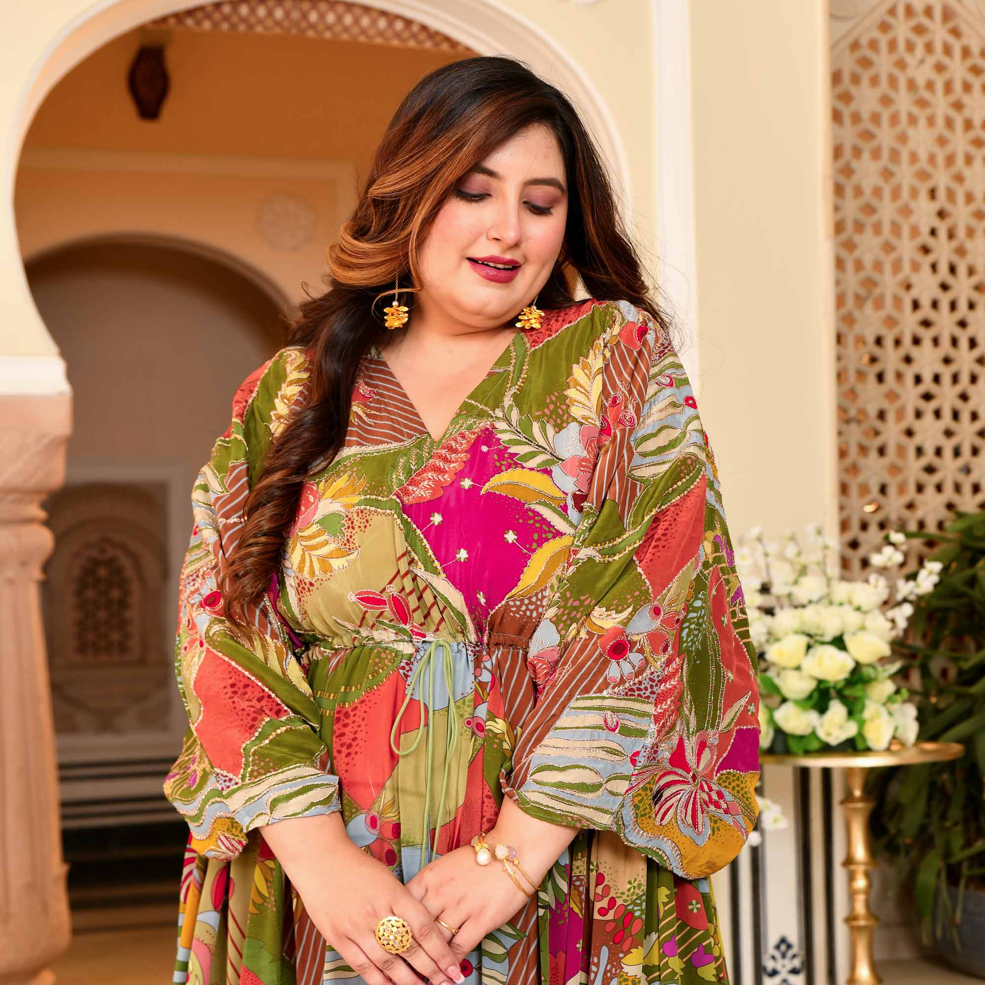 Ira- Multicolored Position Printed Pure Crepe Fusion Kaftan Dress