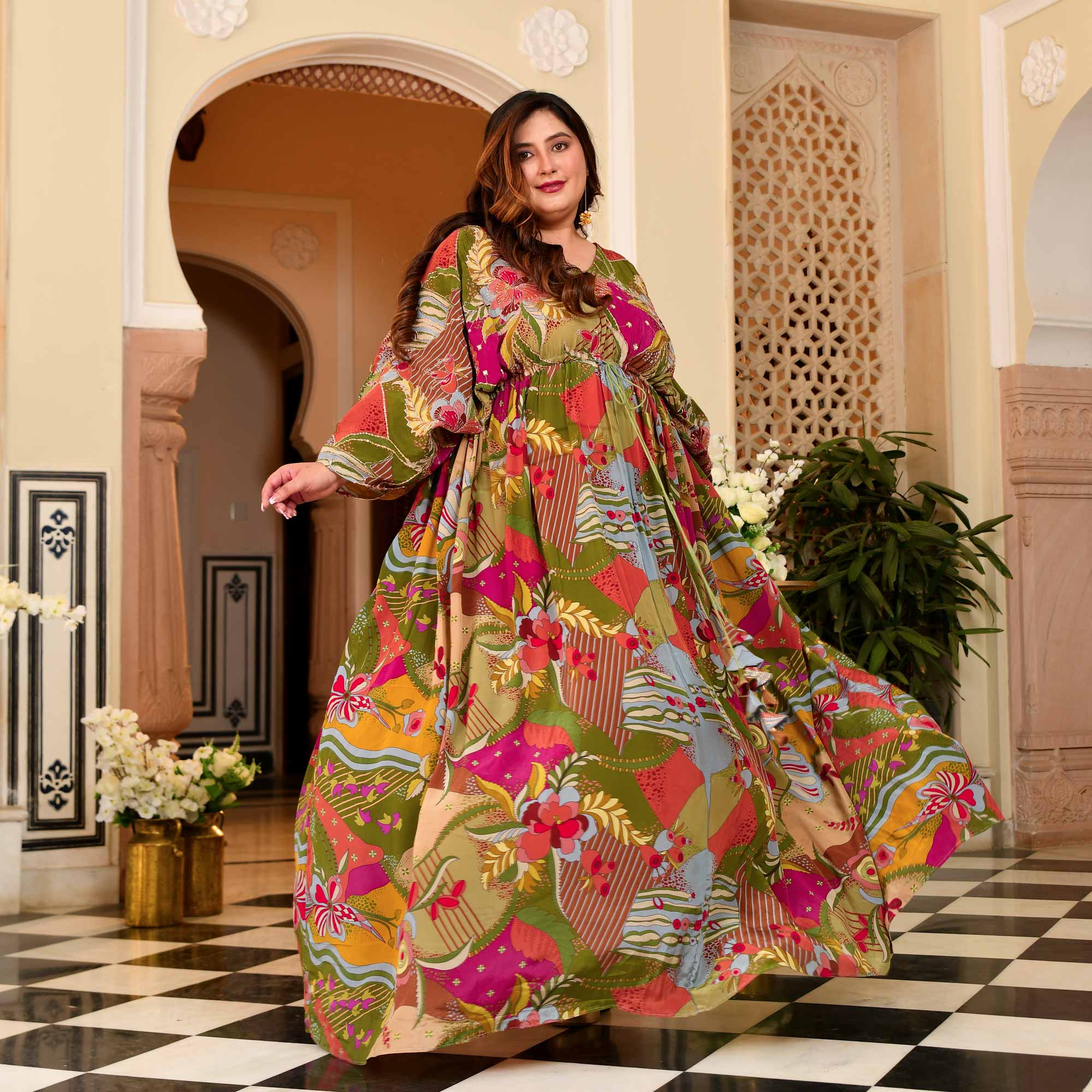 Ira- Multicolored Position Printed Pure Crepe Fusion Kaftan Dress