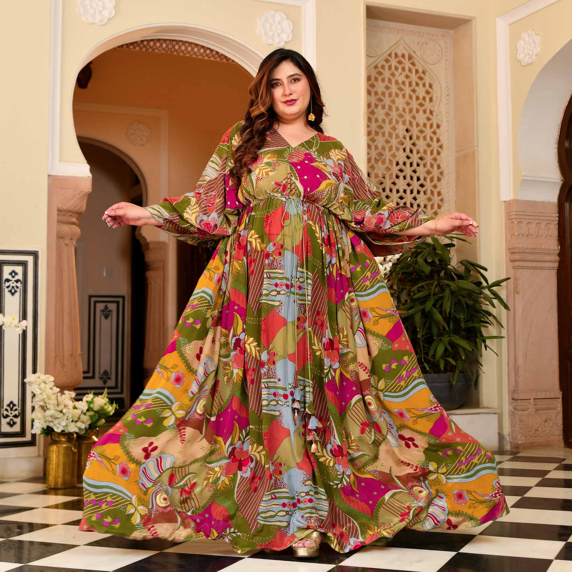 Ira- Multicolored Position Printed Pure Crepe Fusion Kaftan Dress