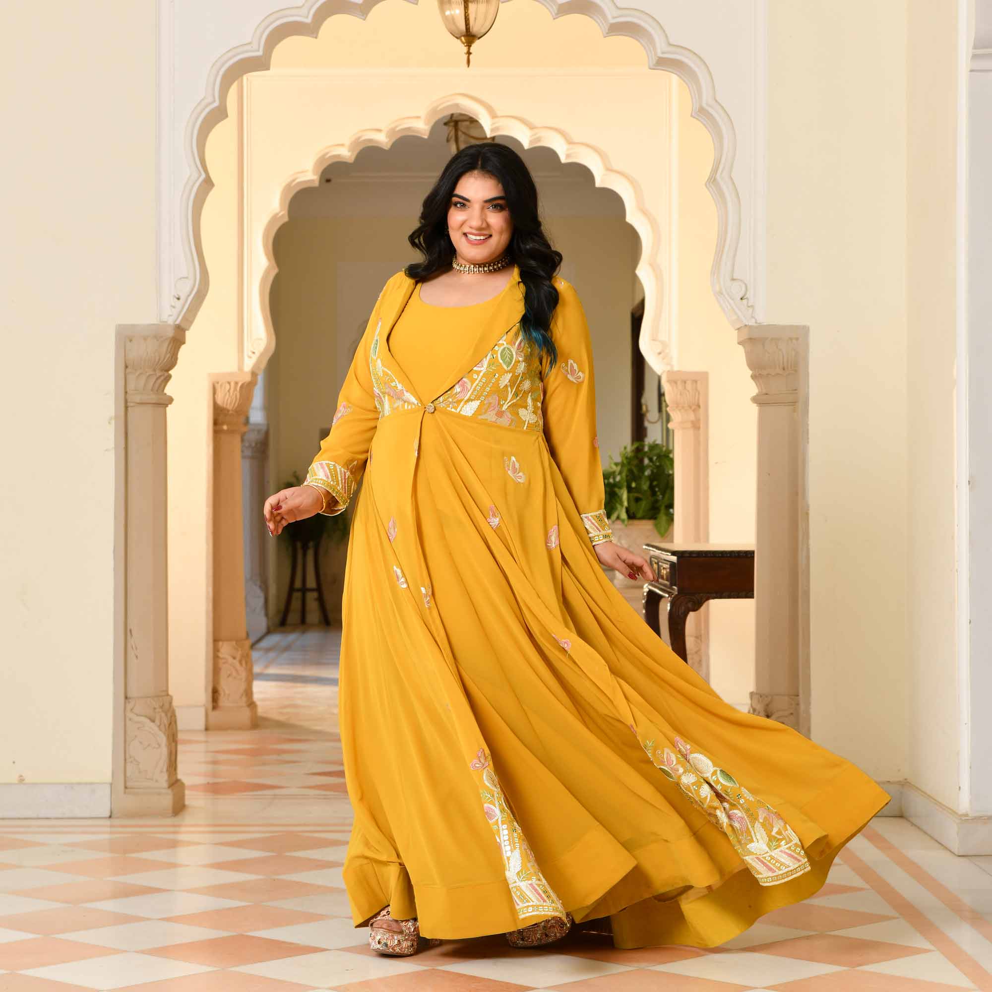 Golden Vows- Mustard Yellow Thread & Gota Embroidered Georgette Anarkali Cape Set