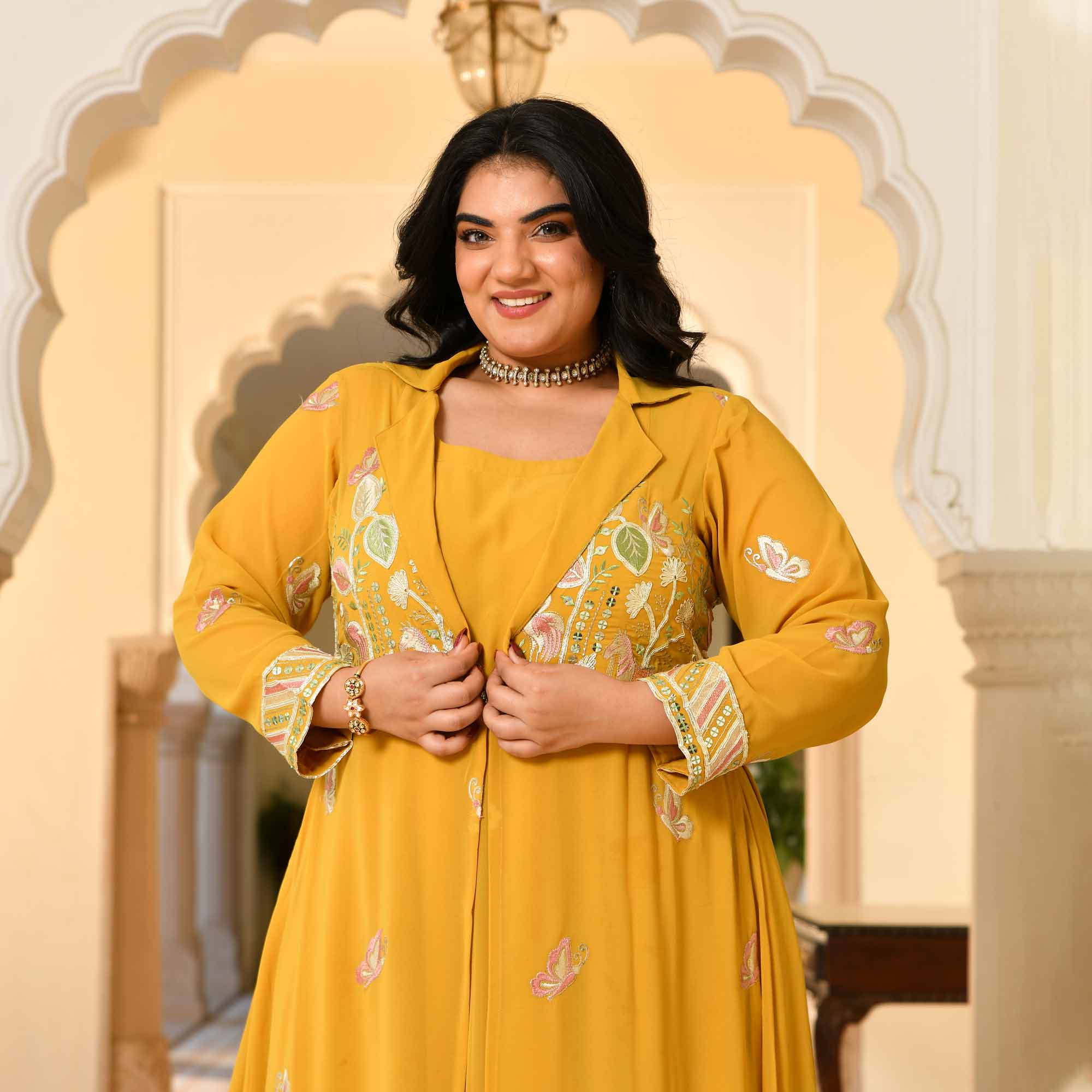Golden Vows- Mustard Yellow Thread & Gota Embroidered Georgette Anarkali Cape Set