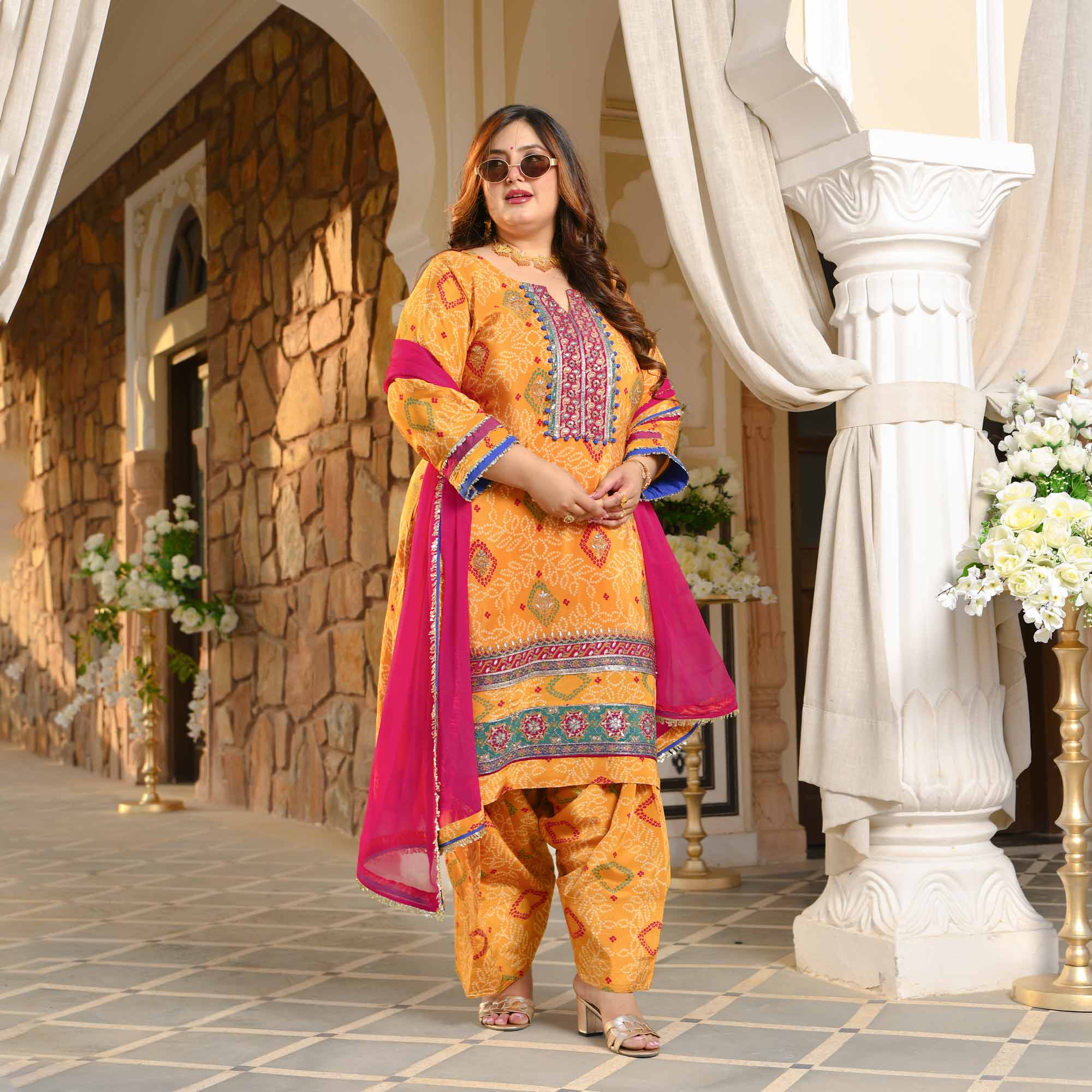 Chokho - Mustard Yellow Fusion Bandhani Pure Crepe Farshi Salwar Set