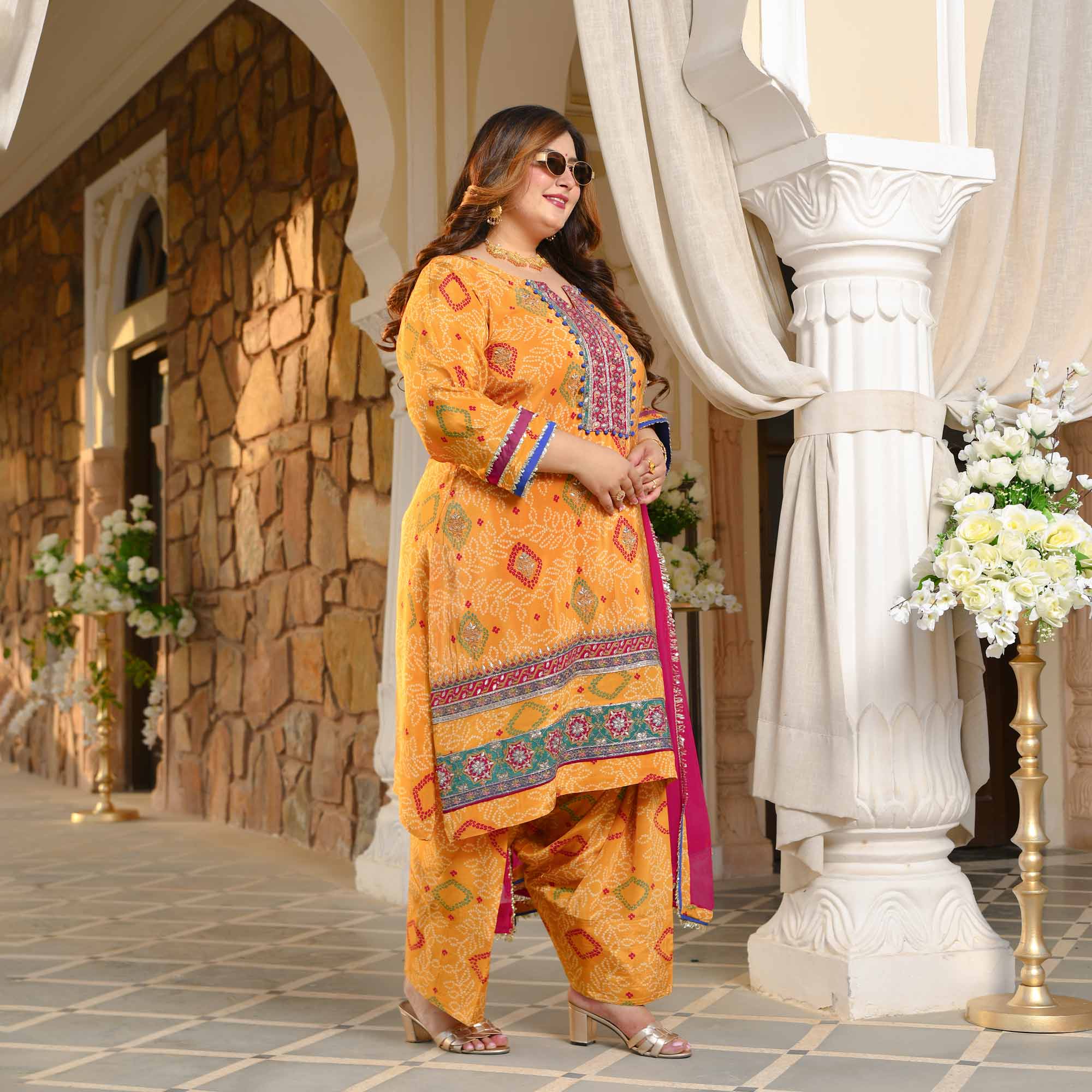 Chokho - Mustard Yellow Fusion Bandhani Pure Crepe Farshi Salwar Set