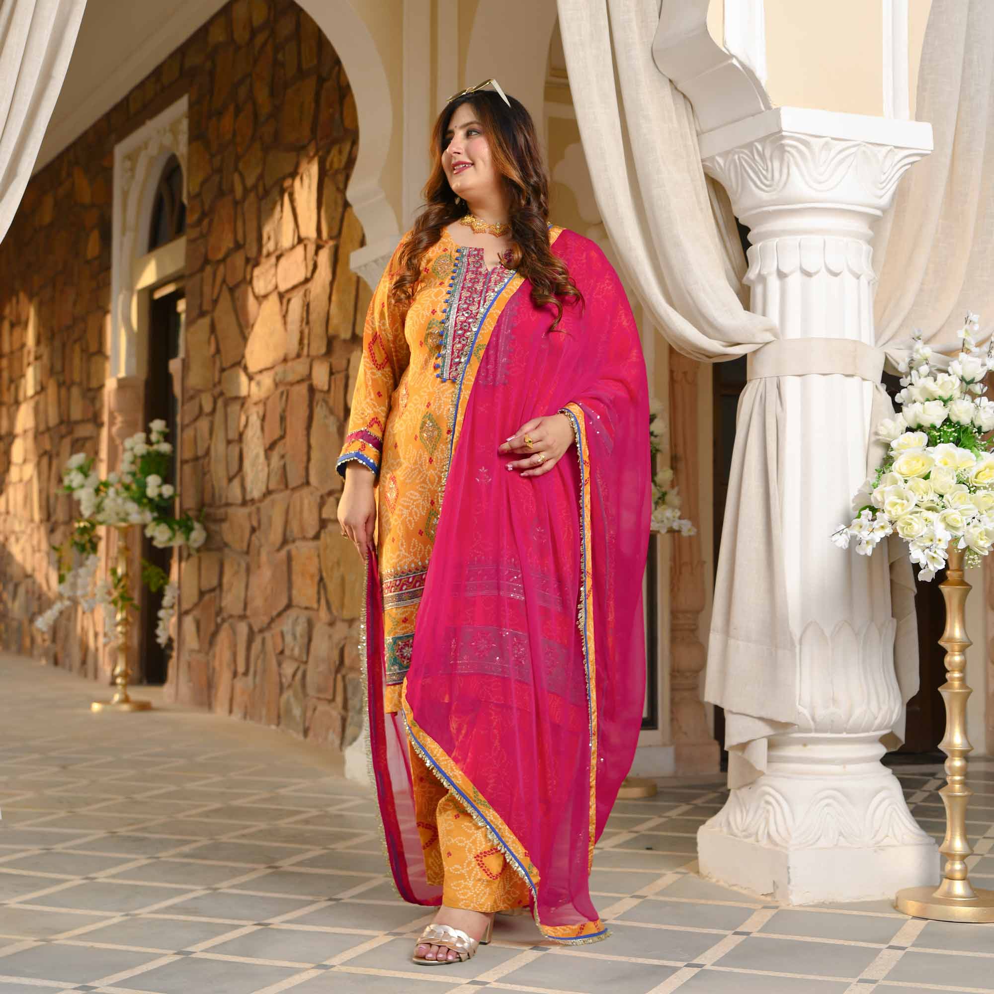 Chokho - Mustard Yellow Fusion Bandhani Pure Crepe Farshi Salwar Set